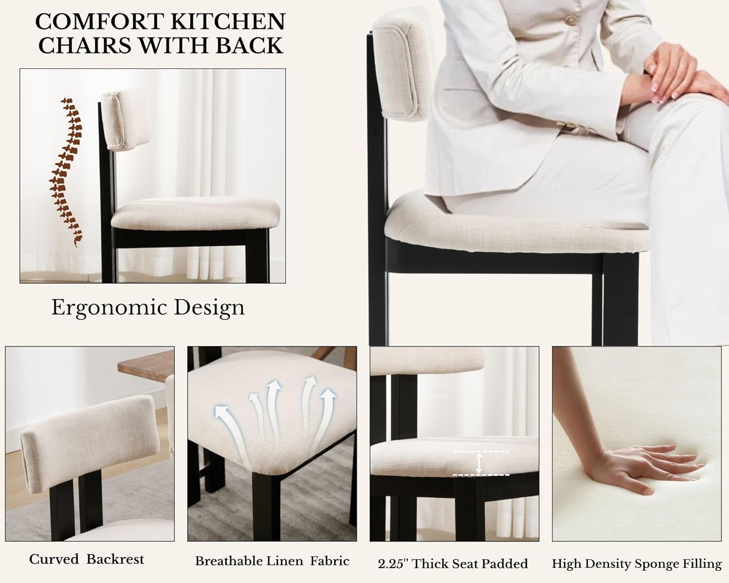 HNY Modern Farmhouse Linen Dining Chairs Set of 4, Beige Fabric Upholstered Dining Room Kitchen Chairs with Black Wood Frame & Curved-Back, Armless Accent Wood Chair for Dining Living Room