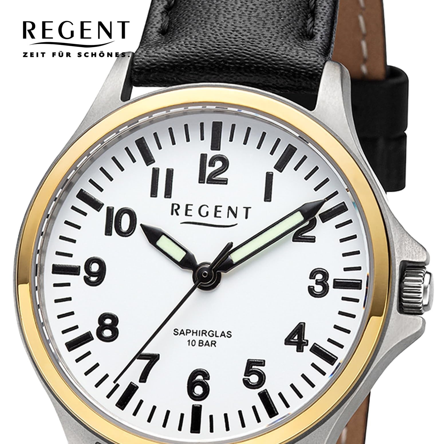 REGENT Orologio da donna unisex in titanio con cinturino in pelle, analogico, 10 ATM, vetro zaffiro 3287.91.19, Cinturino in pelle-bianco-bicolore, cinghia