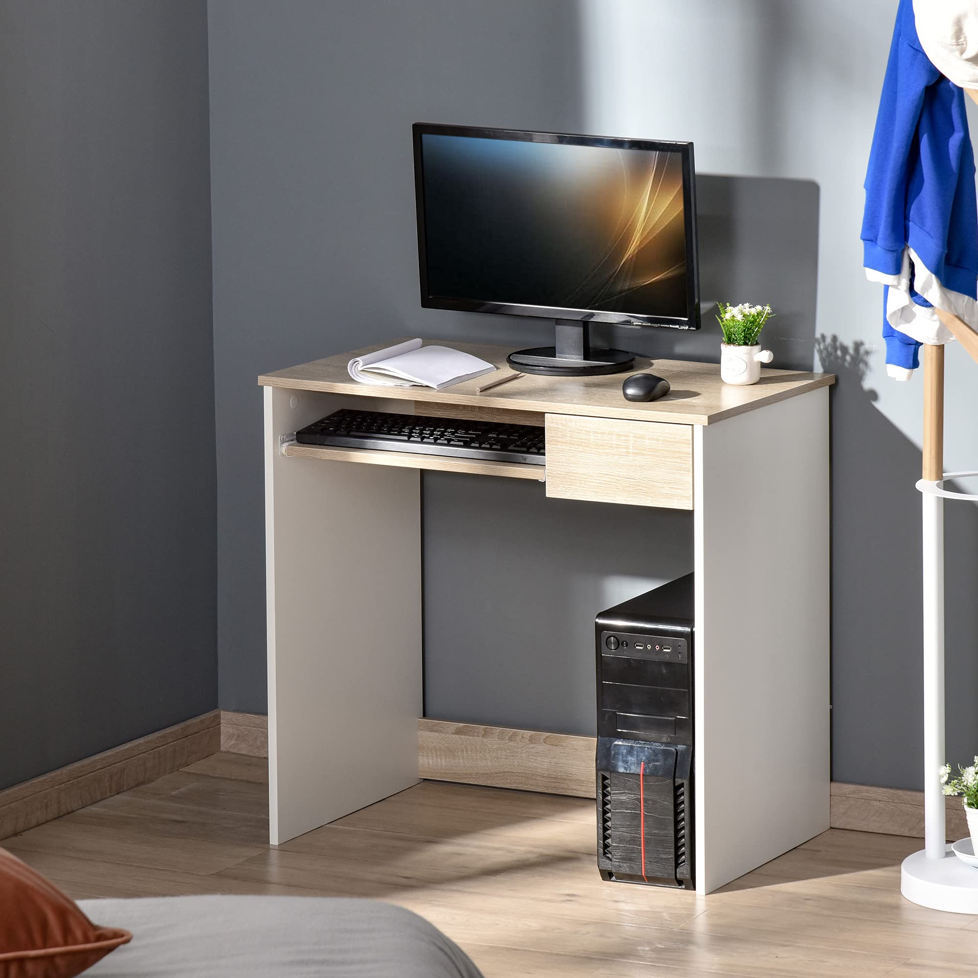 HOMCOM Scrivania Ufficio, 80x45x75 cm Scrivania Salvaspazio con Vassoio Tastiera, Cassetto per Documenti, Tavolo Computer per Casa Studio Ufficio, Rovere e Bianco