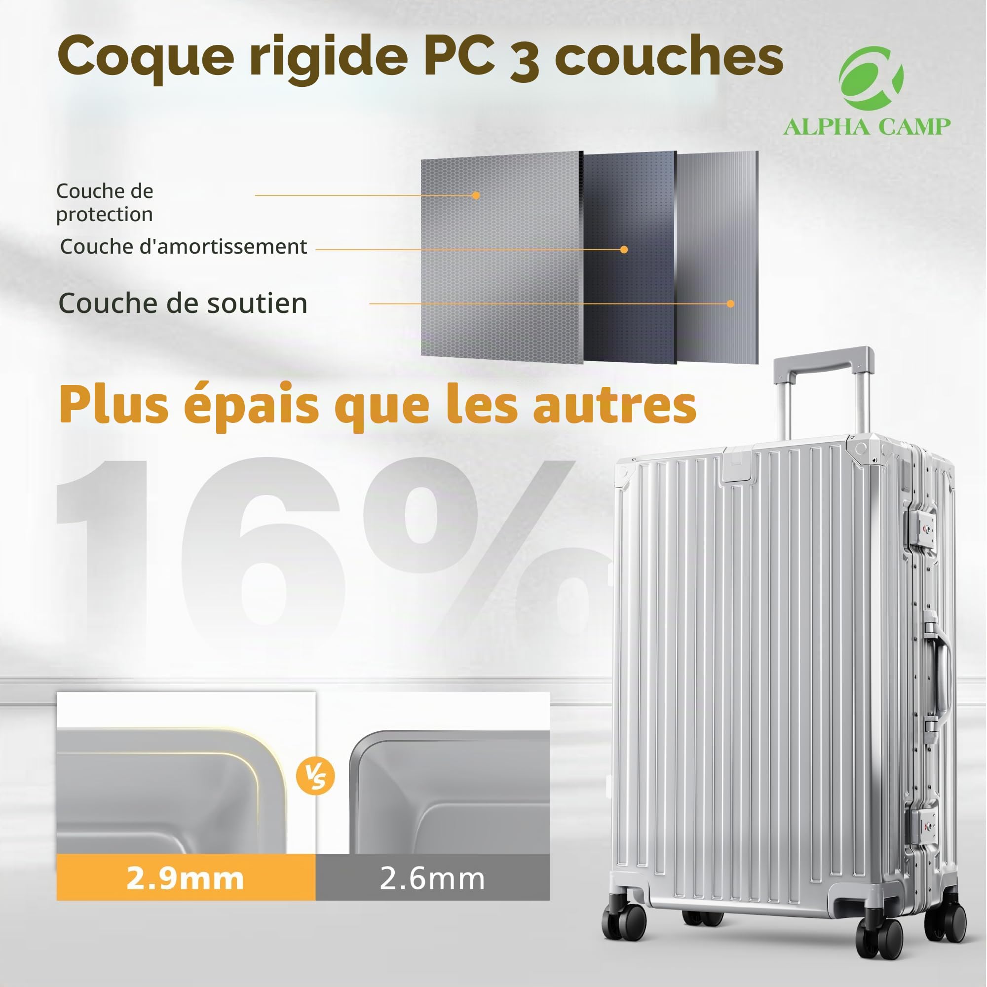 ALPHA CAMP Valise Grand Taille 44x26.5x66CM Valise avec Serrure TSA Valise Rigide à roulettes Polycarbonate et Cadre en Aluminium Valise Argenté Femme Bagage de Voyage Luggage 65L