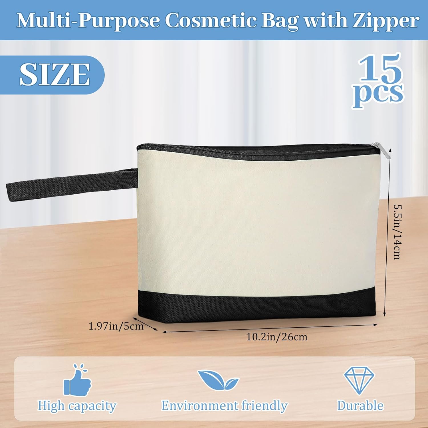 Silkfly 15 Pcs Cotton Canvas Makeup Bags Canvas Cosmetic Zipper 10.2 x 5.5 x 2 Inches Blank DIY Pouch Bag Bulk with Bottom Pencil Case Travel Toiletry Pouch for Women (Classic Color) - Image 2