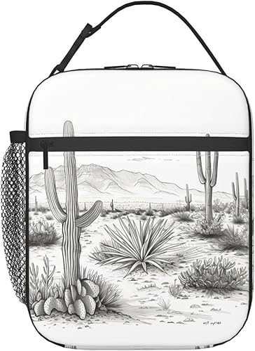 Lonchera de cactus para niños, bolsa aislada de montaña con paisaje del desierto occidental para estudiantes, color negro y blanco, reutilizable,