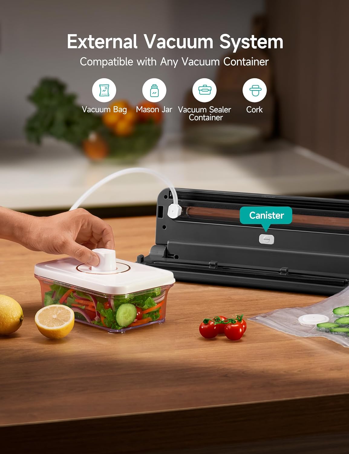 HiCOZY H600 Vacuum Sealer connected to an external vacuum container via a hose, demonstrating canister mode.