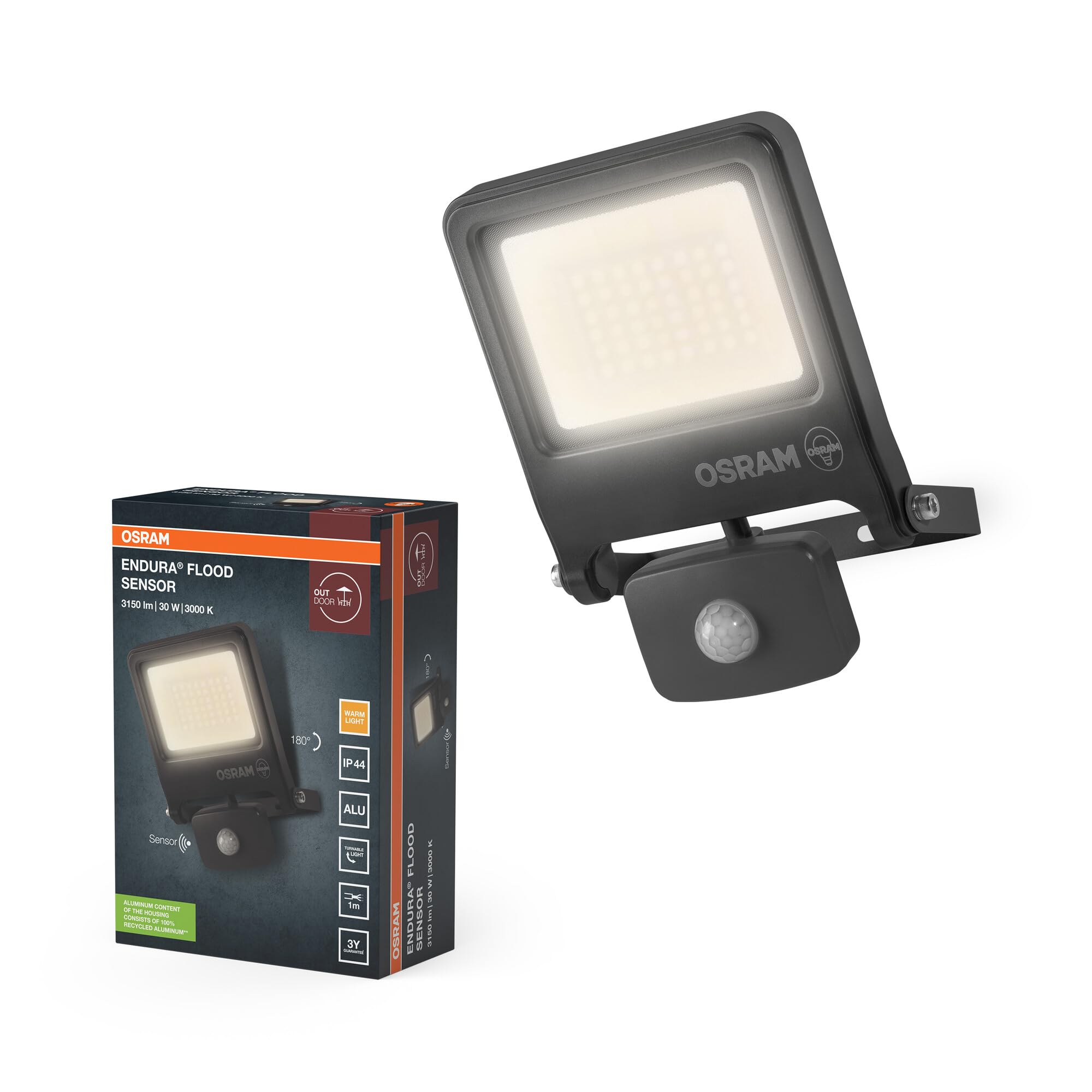 OSRAM ENDURA Flood Sensor LED Reflektor Zewnętrzny, 30W, 3000lm, 3000K ciepła biel, Czujnik Ruchu 9m, Aluminium, IP65