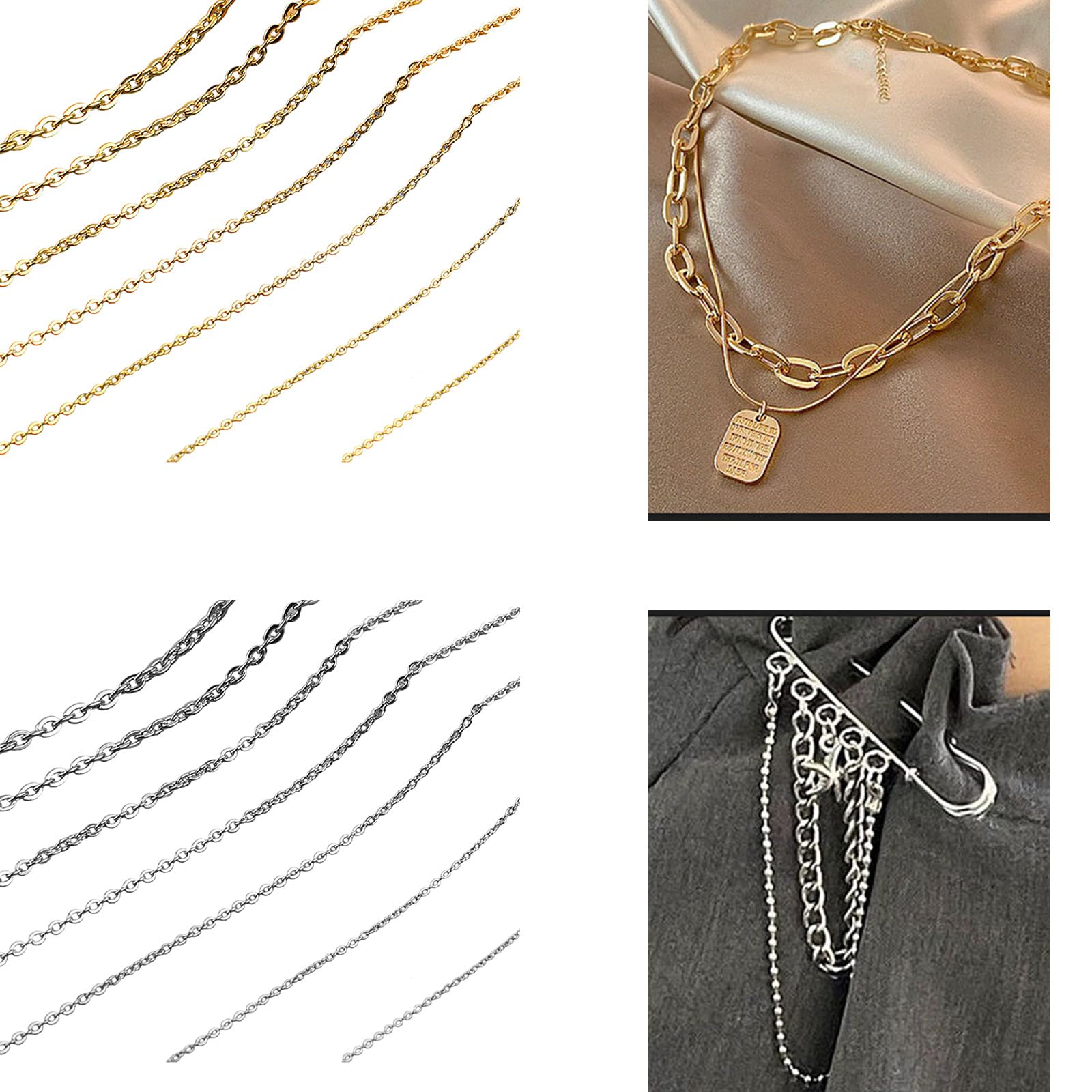 Catena a maglia in acciaio inox color argento dorato, lunghezza 1,8 m, per la creazione di gioielli da donna, portachiavi, 0,25-1 mm, oro