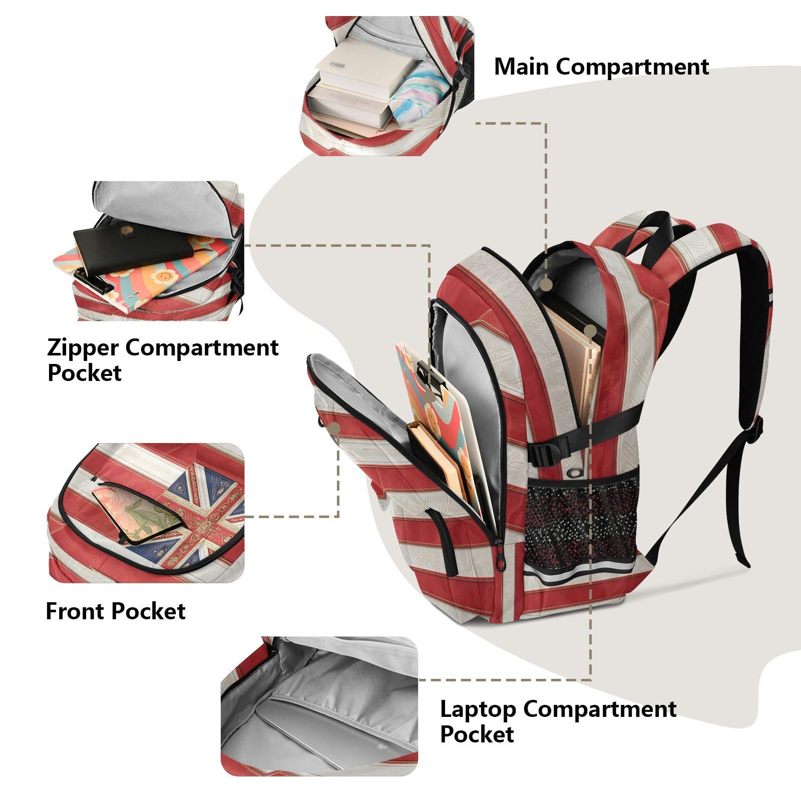 Miqi Rucksack mit mehreren Taschen für Schule, Reisen, Outdoor, Uni, 44,5 cm (17,5 Zoll) Laptop-Rucksack für Damen und Herren, Rot