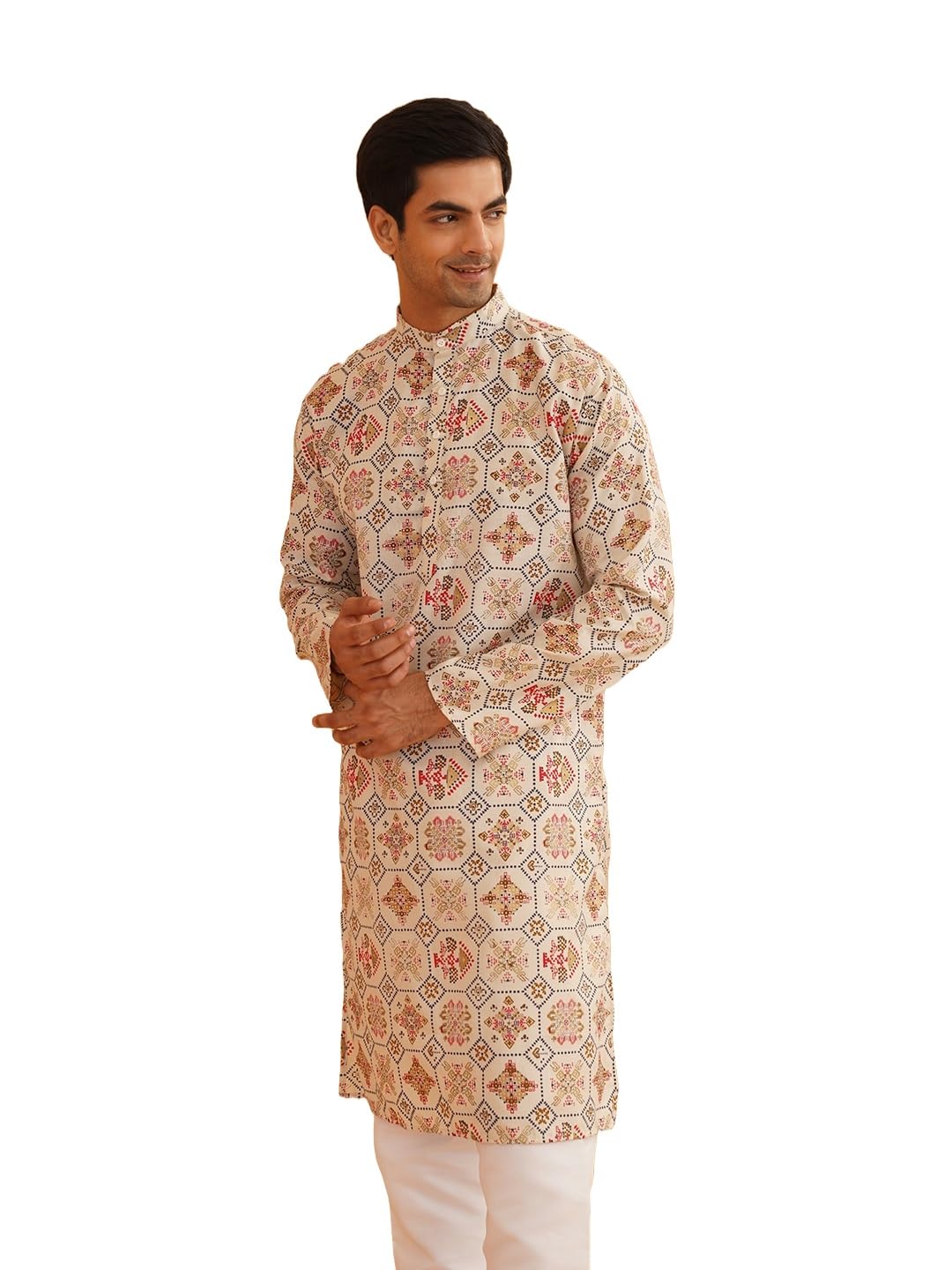 Sojanya (Since 1958 Men's Cotton Blend Cream Color Floral Design Only Long Kurta