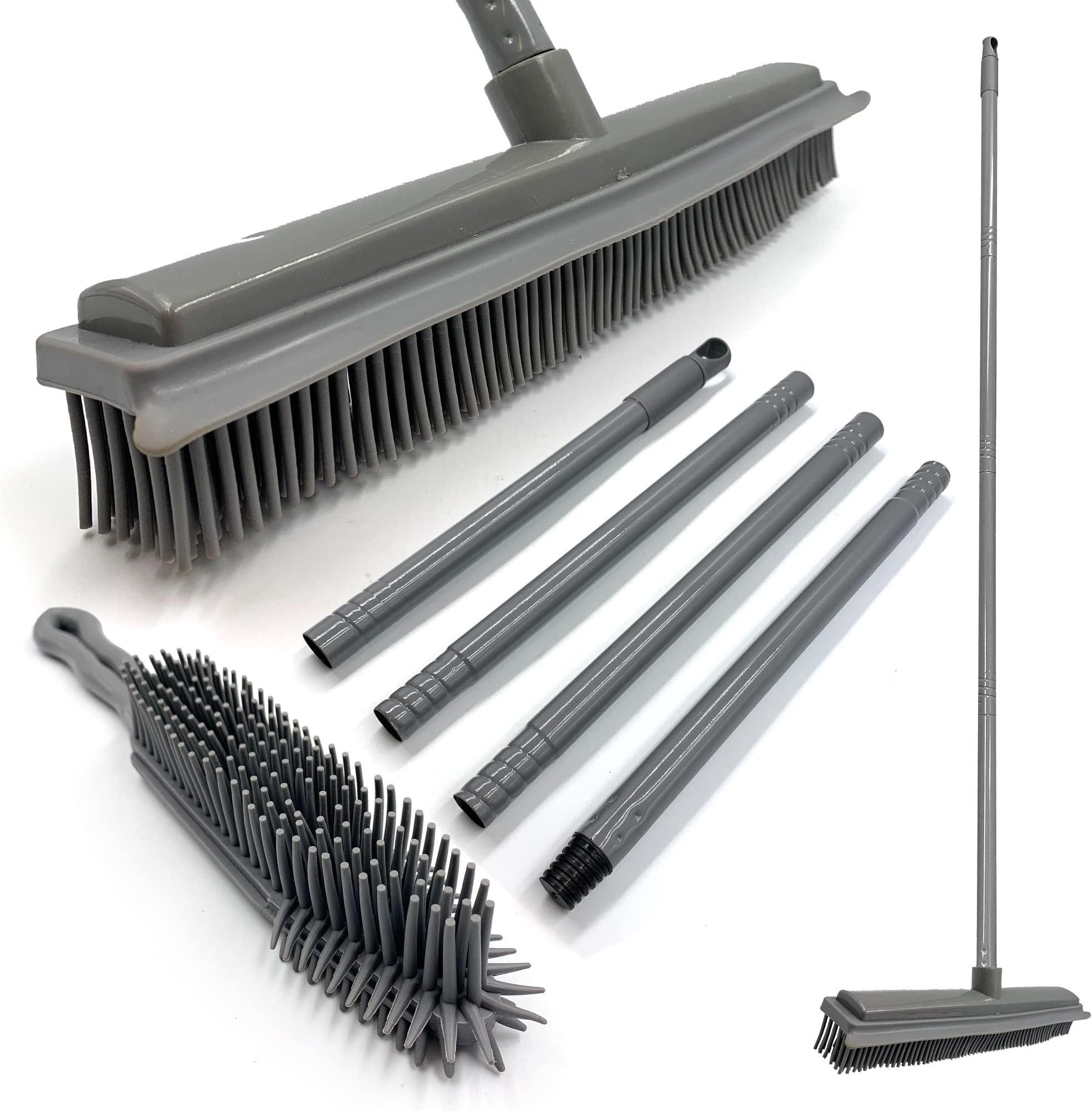 Rubber Broom and Hand Cleaner Set − Soft Indoor Carpet Sweeper and Pet Hair Remover with 31cm Rubber Brush Head and 120cm 4-Section Metal Handle