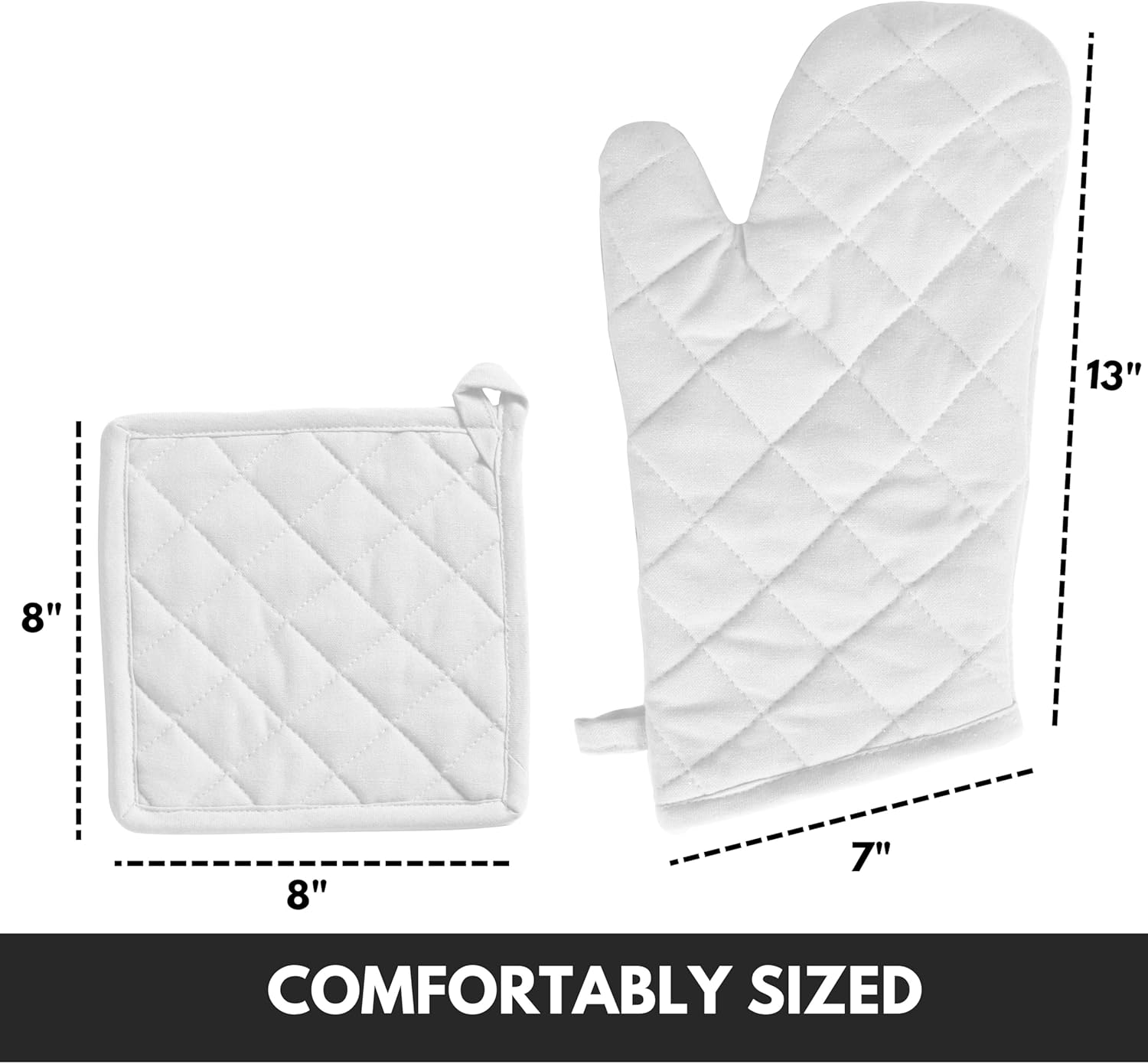 Oven Mitt (7"x13") & Pot Holder (8"x8") 100% Cotton Set of Heat Resistant Oven Gloves & Hot Pads for Gifts, BBQ, Cooking, Baking, Thanksgiving - White