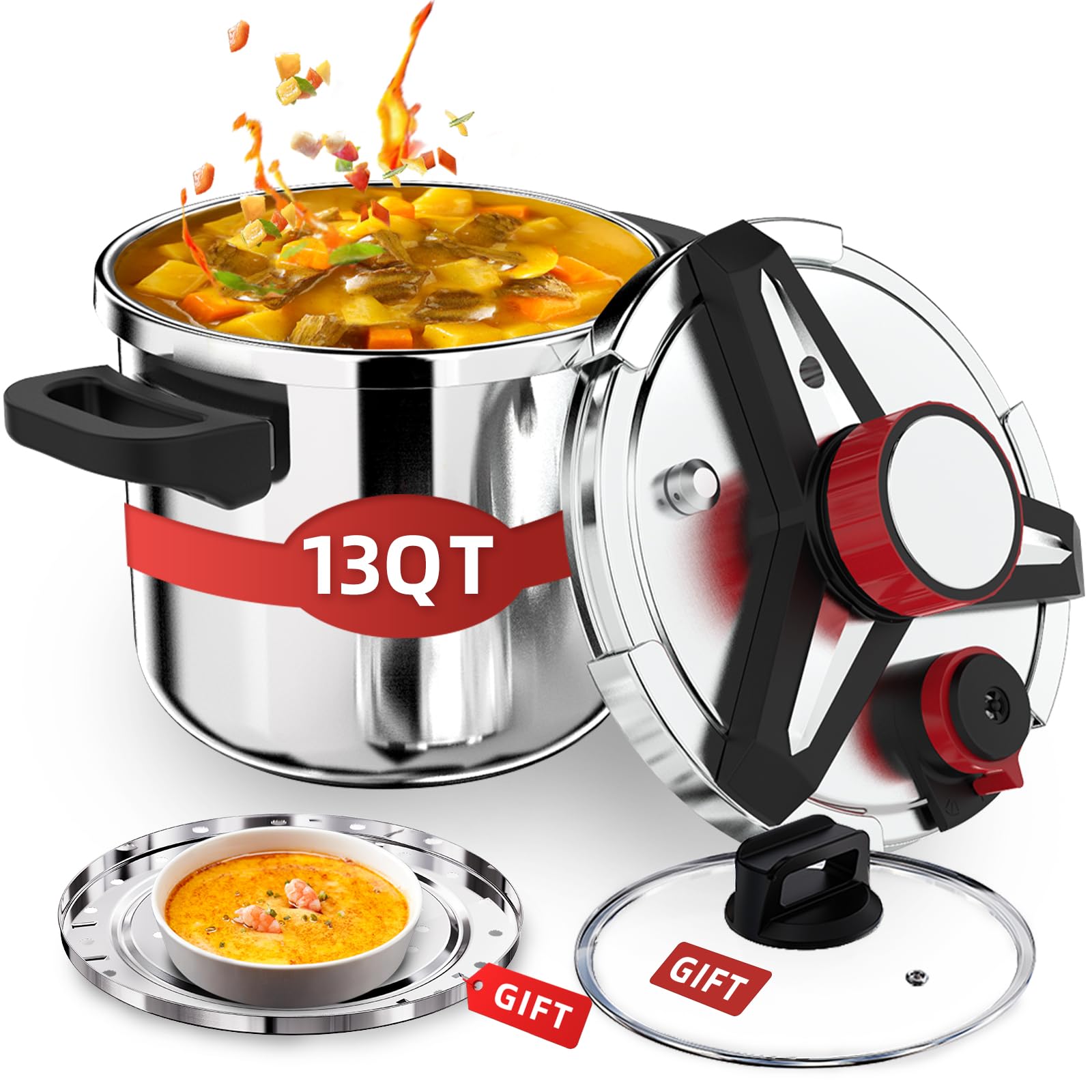 3-In-1 304 Stainless Steel Pressure Cooker 13 Quart: [Save 70% Time], New