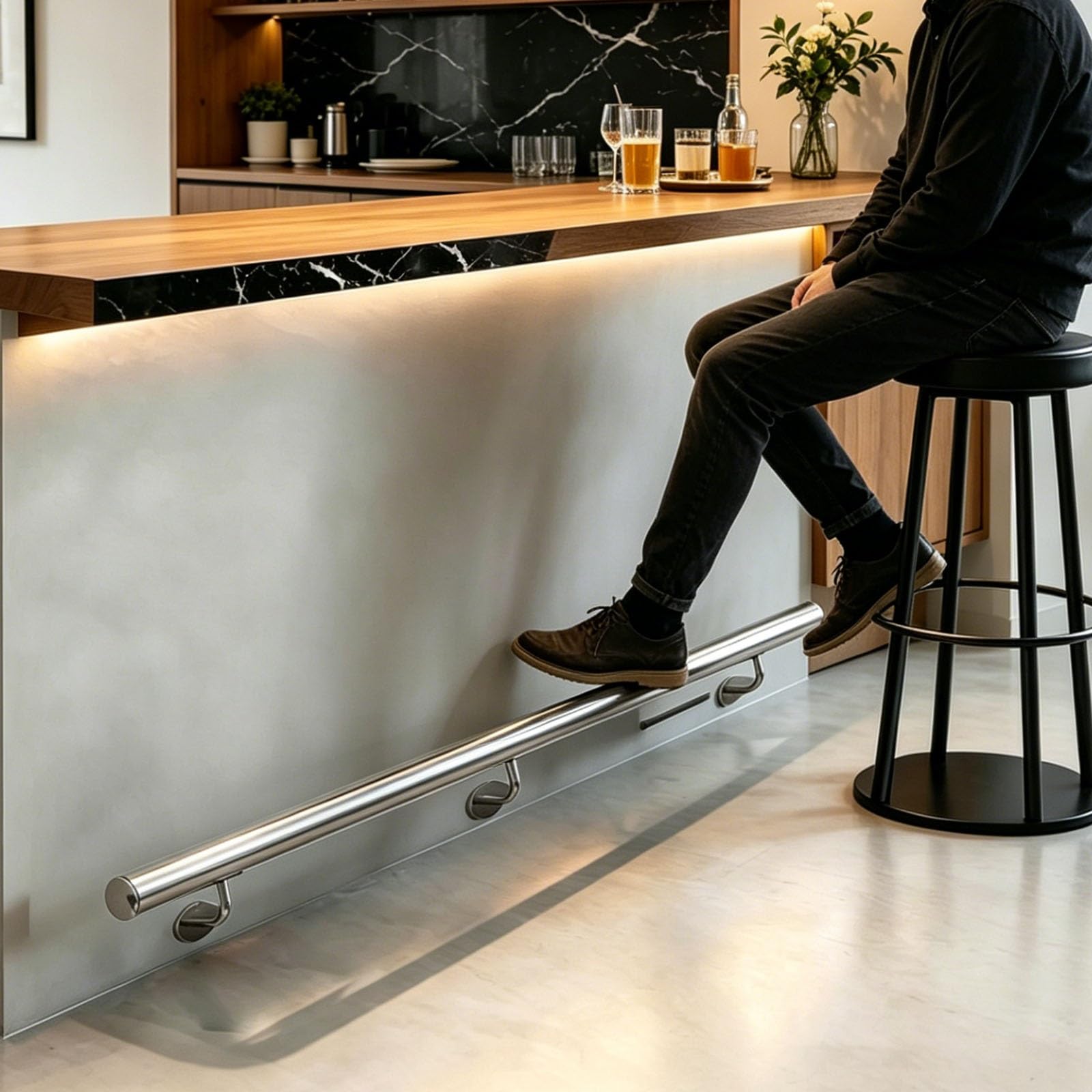HDYZJQ Wall Mount Round Foot Railing for Bar/Open Kitchen/Commercial Western Restaurant, Indoors Small Foot Rest Rail Kit, Easy to Install Bar Footrail(Silver,410cm/13.5ft)