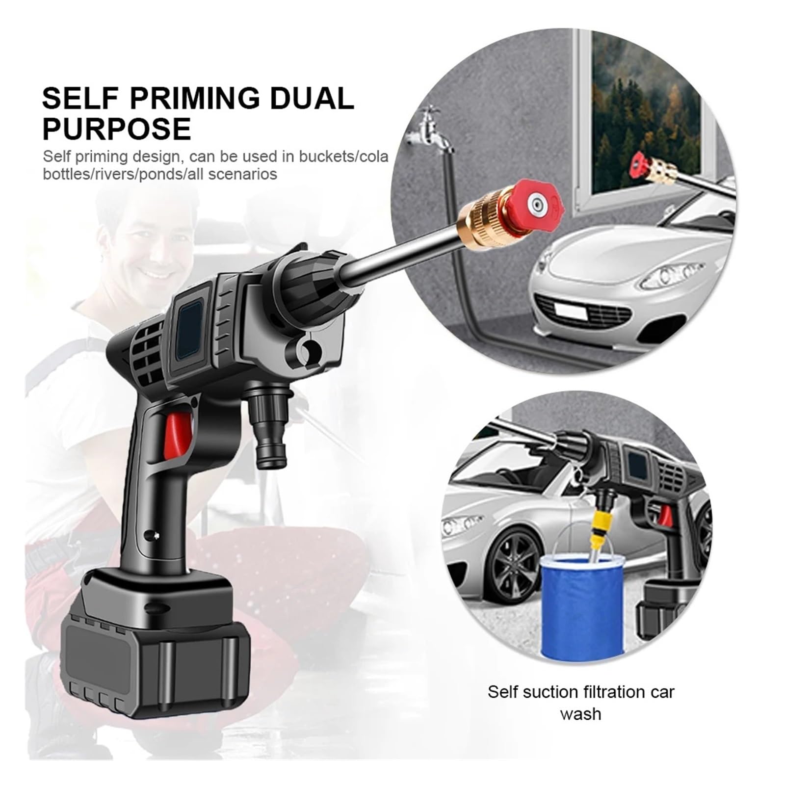 Pistolet d'arrosage avec embout multi-jets, Nettoyeur haute pression électrique sans fil, générateur de mousse 10000/20000mAh, lave-auto(20000mAh Battery)
