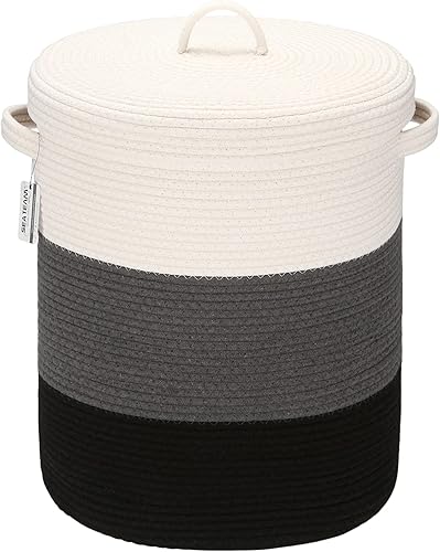 Sea Team Cesta de almacenamiento tejida de cuerda de algodón de gran tamaño con tapa, cesta de lavandería con tapa con asas, cubo de tela con tapa,
