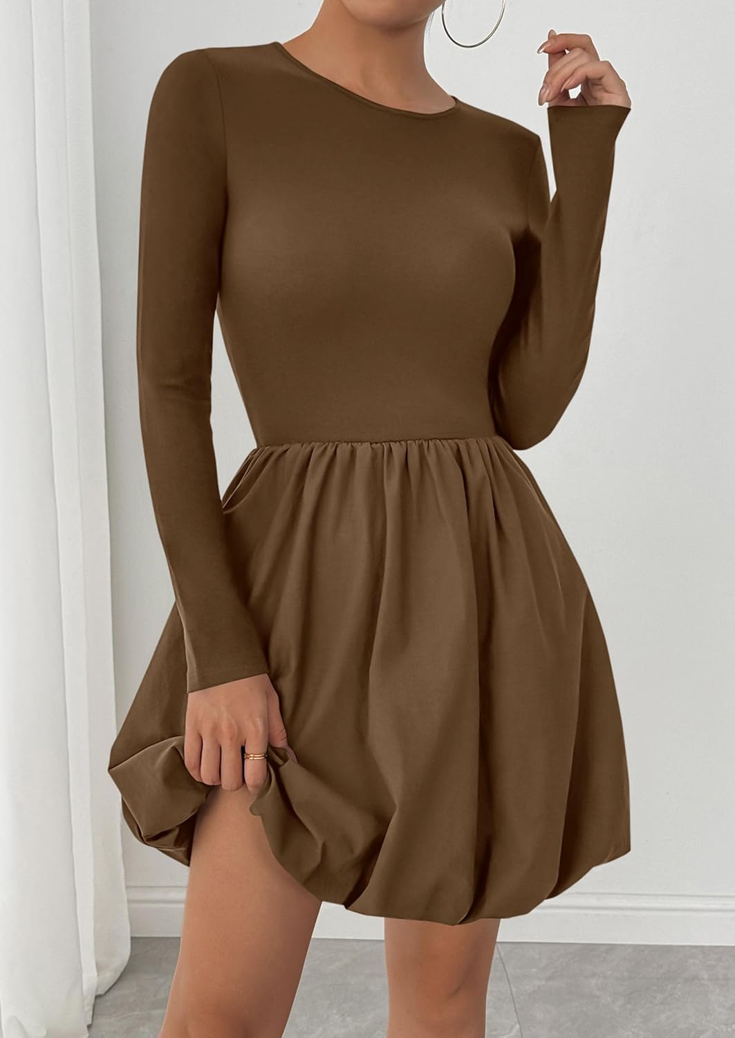 PRETTYGARDEN Fall Dresses for Women 2026 Casual Long Sleeve Bubble Cute Crew Neck A Line Mini Short Dress with Pockets - Image 3