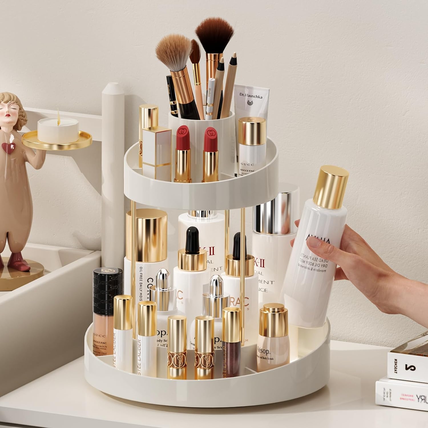 hxbigjin360° Rotating Makeup Organizer for Vanity，Lazy Susan Cosmetics Dresser Countertop Spinning Storage Perfume Tray, Large-Capacity Bathroom Counter Shelf for Brushes, Perfumes, Skincare（Beige）