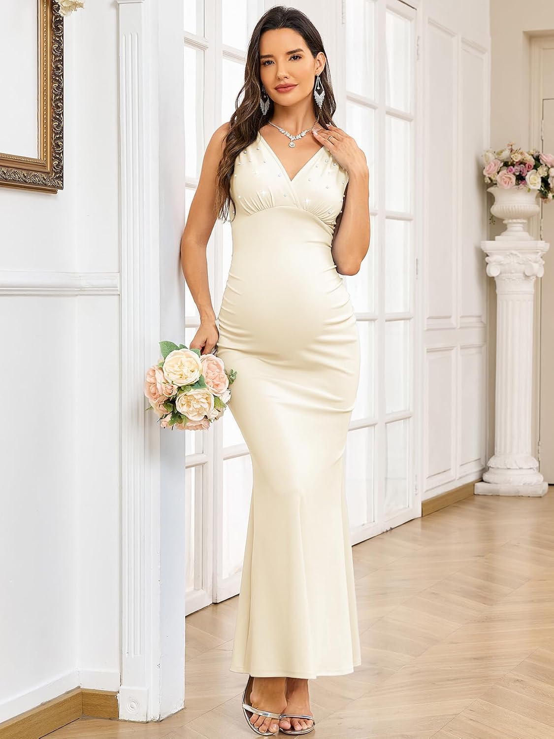 CYCLAMEN Maternity Mermaid Dress Pearl V Neck Ruched Pregnancy Summer Maxi Dresses Baby Shower Wedding Guest Photoshoot