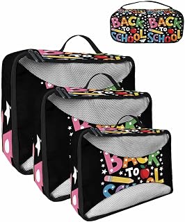 Back to School Pencil Apples 4 Set Packing Cubes, White Stars on Black Packing Cubes for Carry on Suitcase Travel Essential Bag for Clothes Shoes Cosmetics Toiletry