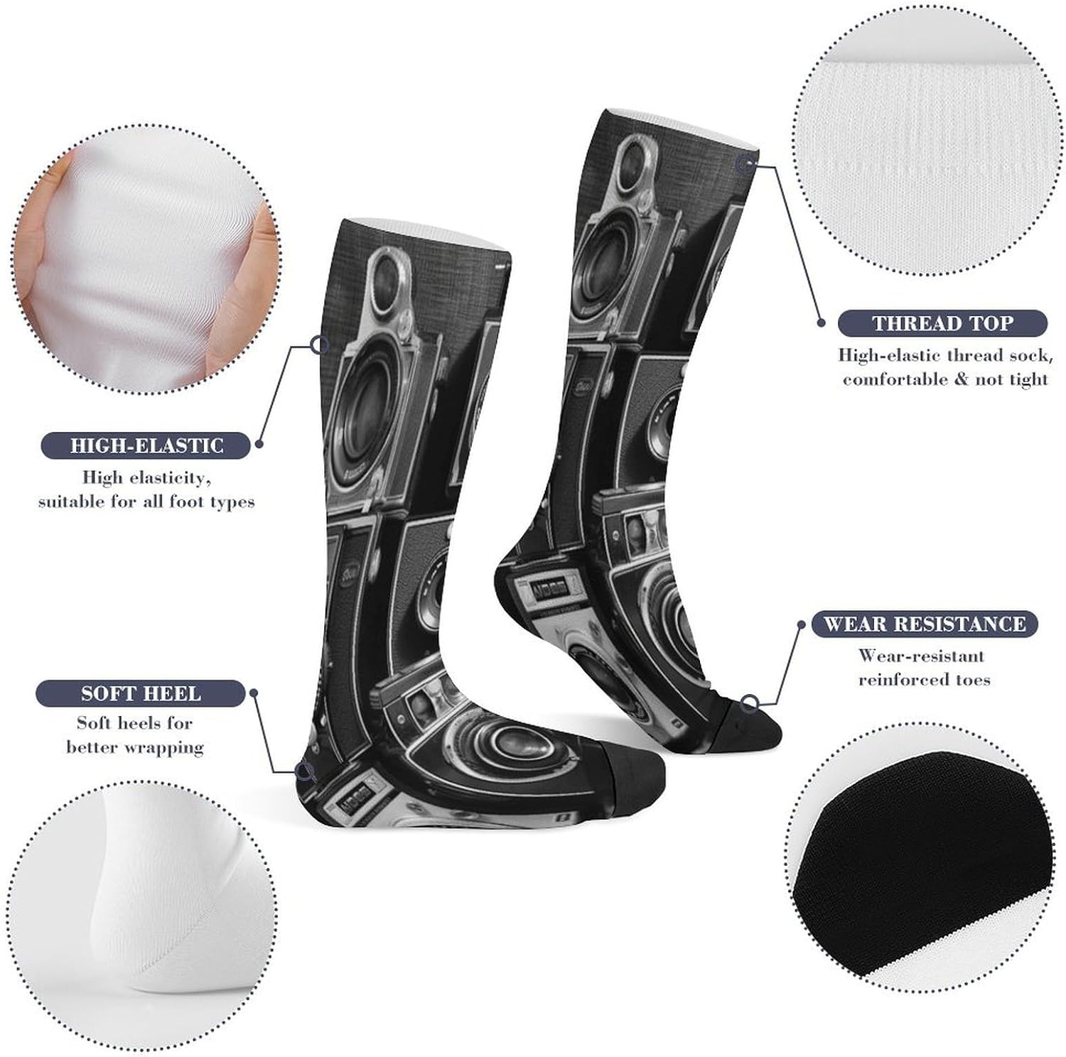 Retro Cool Camera Collection Compression Socks for Men Women, Soft Breathable Knee High Socks Comfort Over The Calf Tube Sock