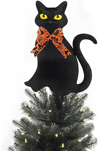 Decoración para árbol de Navidad de gatos negros con soporte y lazos intercambiables, adorno de árbol de Navidad de Halloween, vacaciones de
