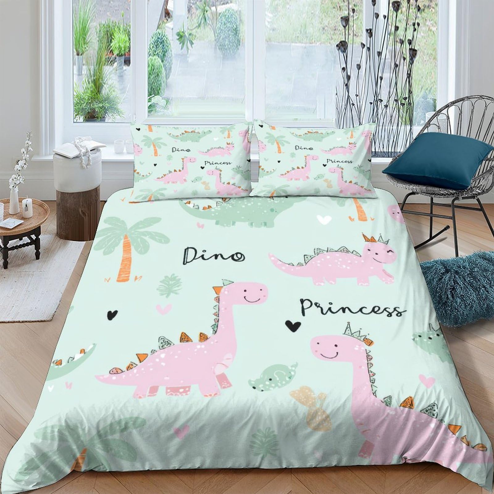 GPLZQXKJNH 3D Printed Pink Dinosaur Duvet Cover Microfiber Soft Breathable Dino Princess Bedding Set with 2 Pillowcases for Bedroom Decor Single（135x200cm）