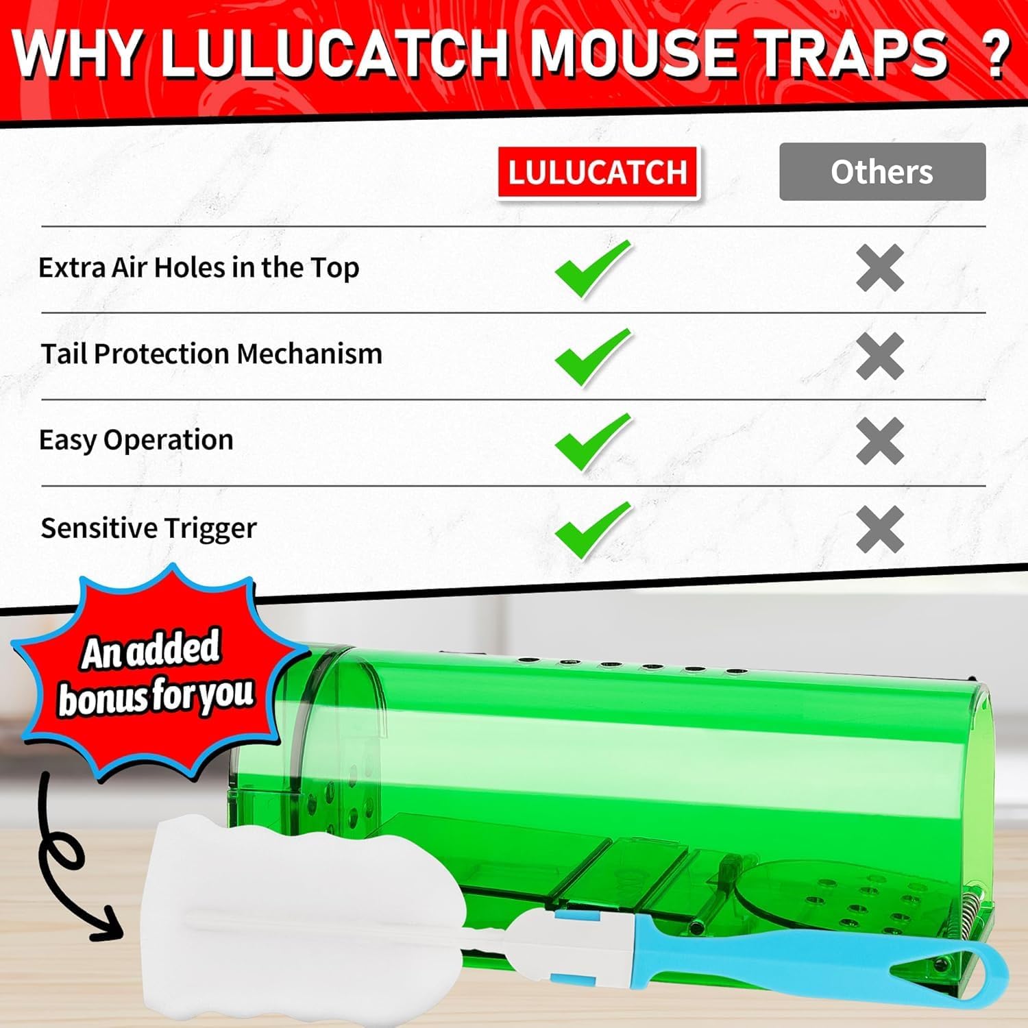LULUCATCH Humane Mouse Traps 6 Pack, No Touch Catch and Release Live No Kill Rodent Traps, Reusable with Cleaning Brush, Pet & Kid Safe Indoor Outdoor Pest Control for Mice Rats Chipmunks Voles