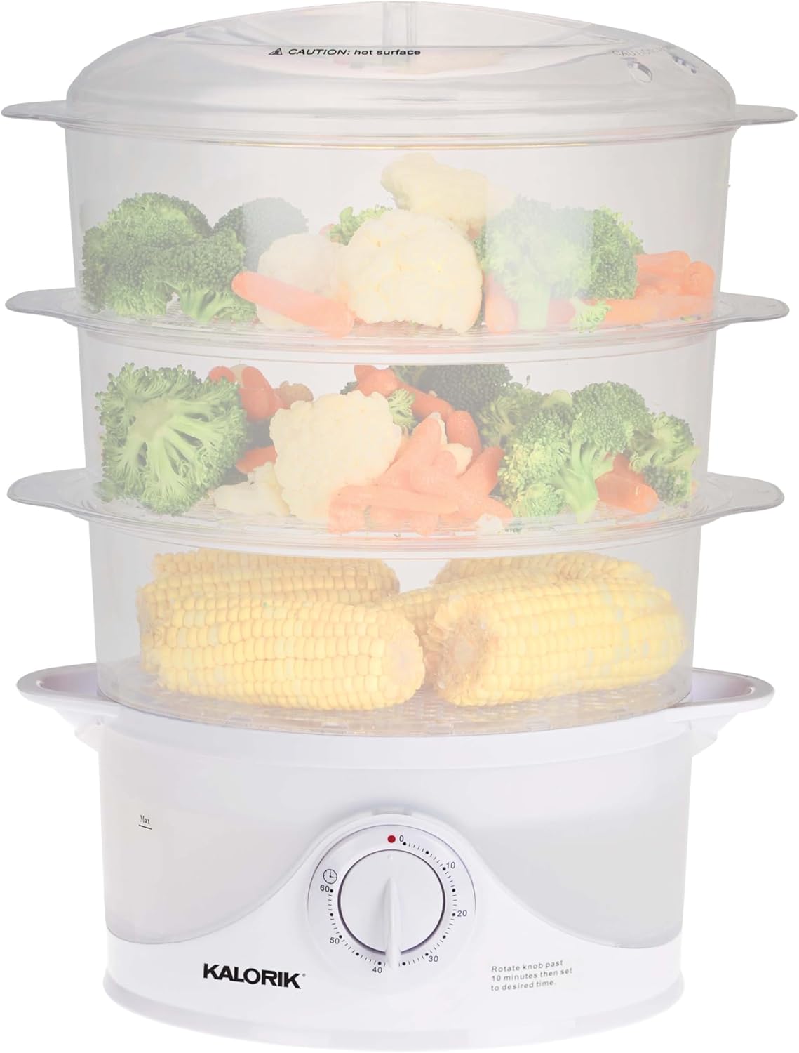Kalorik Electric Food Steamer with Manual Controls 3-Tier with BPA Free Dishwasher Safe Baskets, 800 Watts and 60-Minute Timer Turbo Steam Feature and Easy Refill, 9-Quarts, White