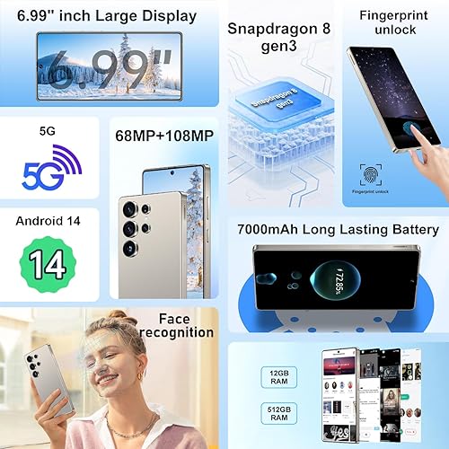 Miniatura 2 de I25 Ultra 5G - Teléfono inteligente desbloqueado, 12 GB+512 GB para Android 14, teléfono celular desbloqueado de 6.99 pulgadas, 7000 mAh, 68 MP+108