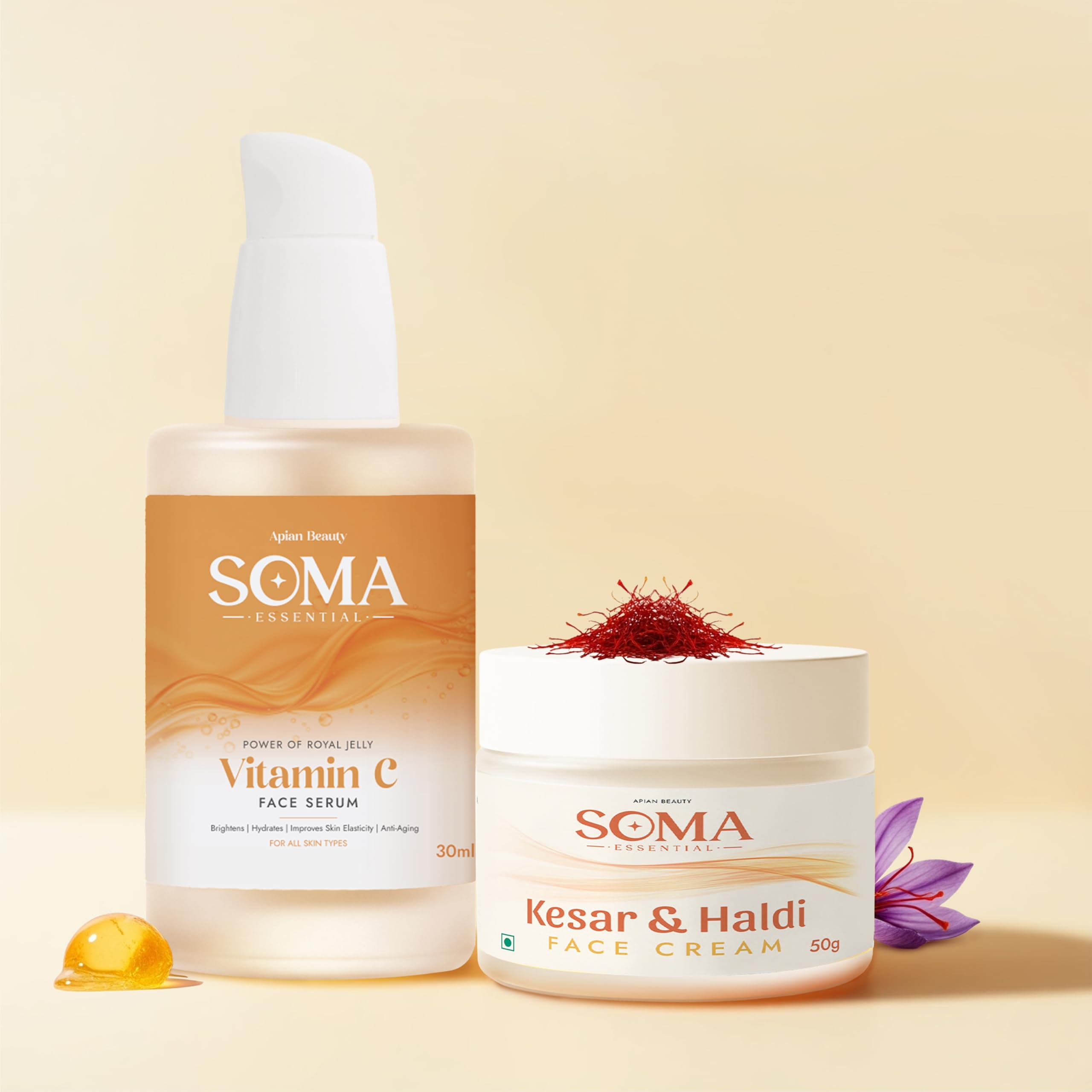 Soma Essential Morning Glow Ritual Combo | Vitamin C Serum with Royal Jelly 30 ml & Kesar Haldi Day Cream with Beeswax 50 g | 2 Step Ayurvedic Skincare Kit for Brightening, Hydration & Radiant Skin-image-6