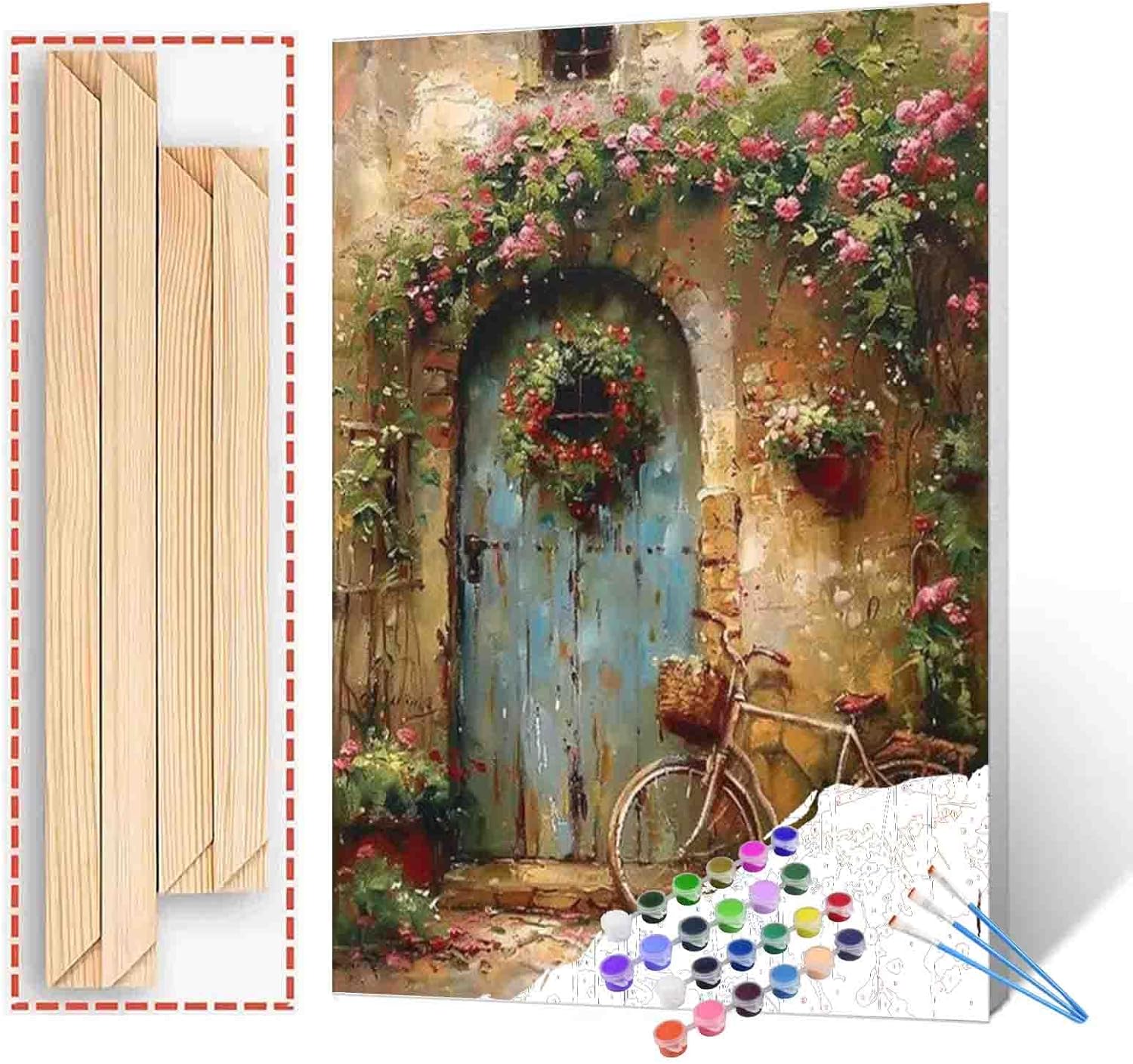 Aihonmin DIY Paint by Numbers Canvas Oil Painting Kit Flowers at The Door Painting Set for Children Adults Beginner Rural Bike Acrylic Painted Wall Art Home Living Room Decorative （Manual Frame）