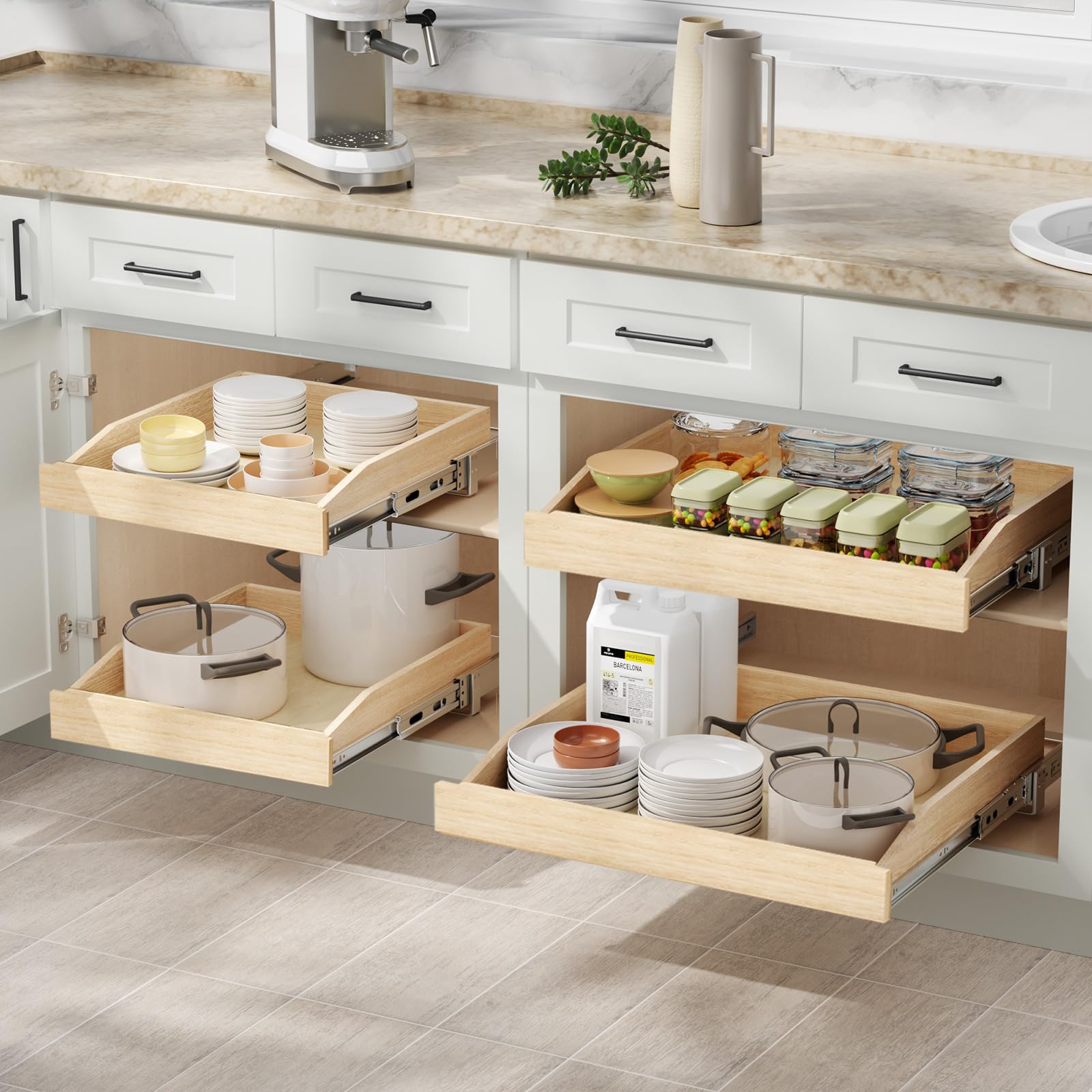 ROOMTEC Ausziehbarer Schrank-Organizer 57,9 cm B x 53,3 cm D, ausziehbare Schrankschublade für Küchenschränke, fertig, untere Montage, benötigt mindestens 58,4 cm Schranköffnung