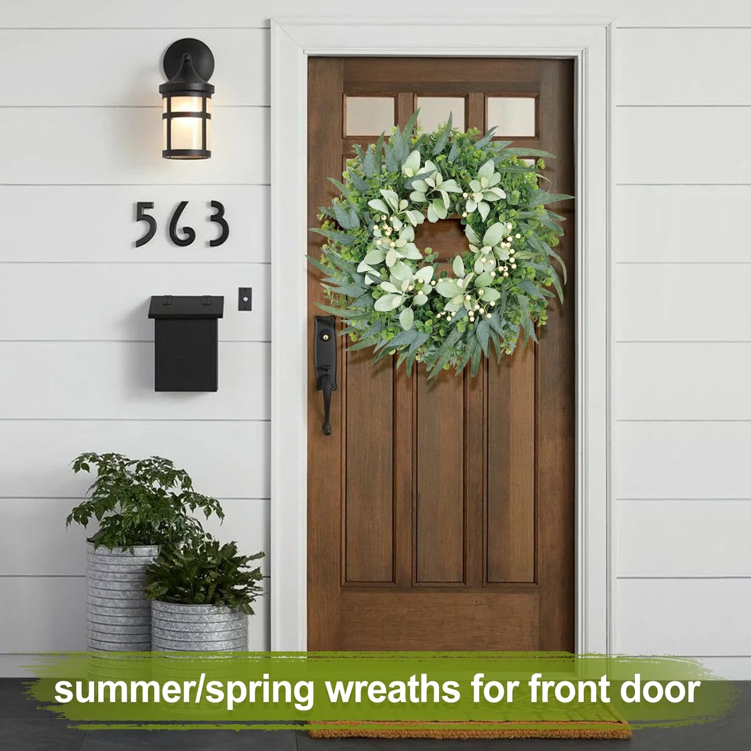 26 Inch Eucalyptus Wreath Large Spring Wreath for Front Door with Lamb’s Ear White Berries Outdoor Wreath Farmhouse Home Decor Front Porch Wall Indoors Greenery Wreath for All Seasons Summer - Image 9