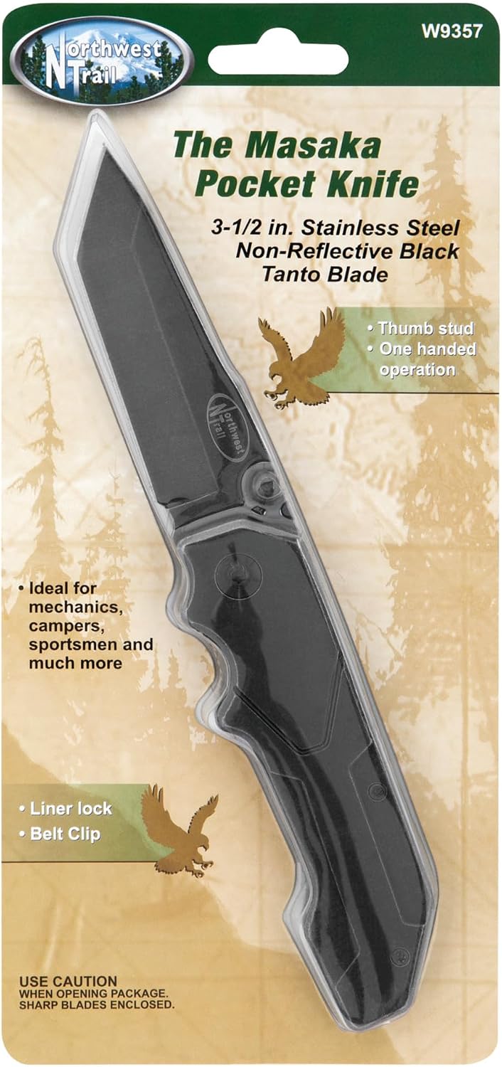 Performance Tool W9357 Non-Reflective Black Tanto Blade Pocket Knife with Inline Blade Lock and Pocket Clip - 8-1/4-Inch Overall Open Length
