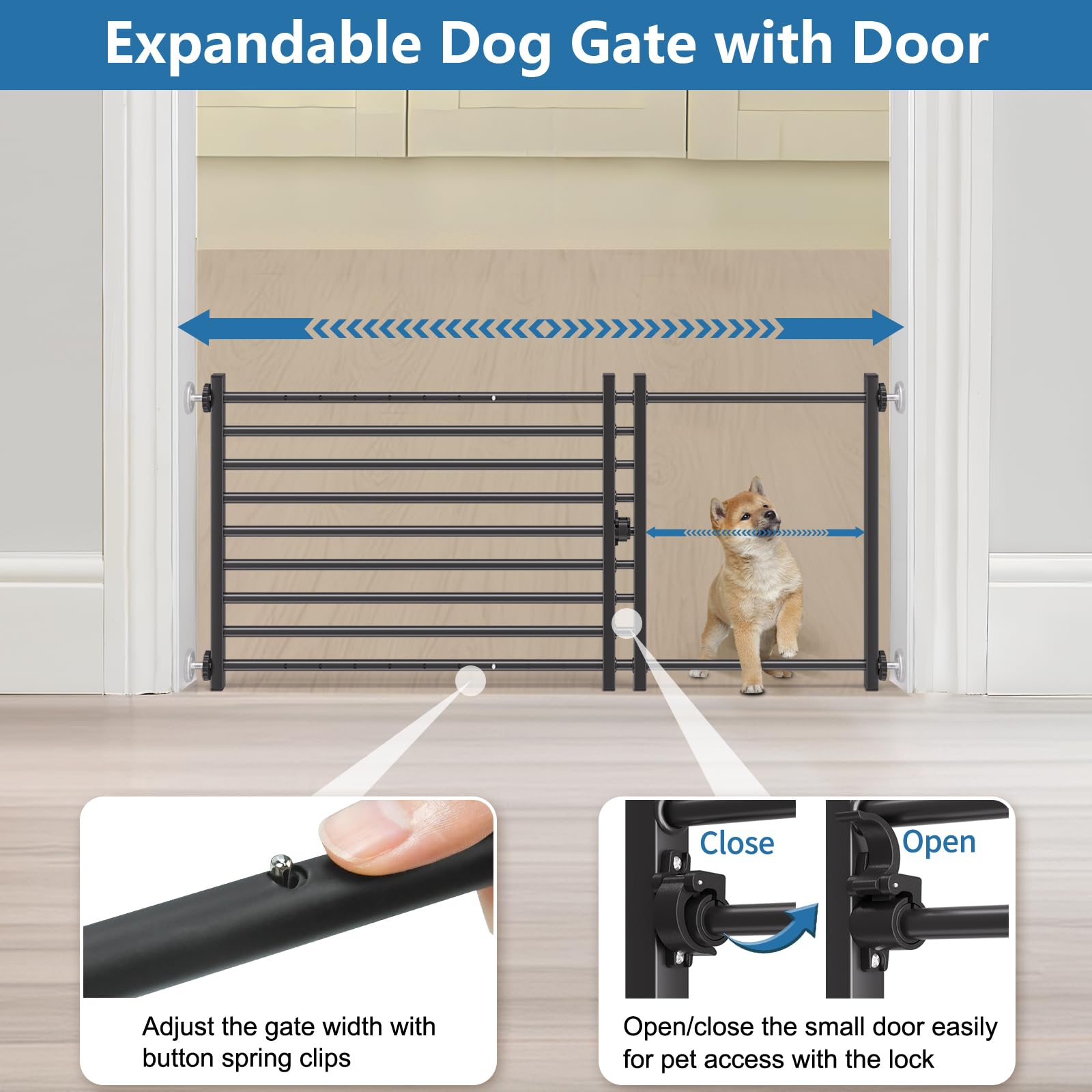Malier Metall-Hundegitter mit Tür, 66 cm - 109,2 cm Breite, erweiterbares Hundegitter, kurzes Haustiergitter für Treppen und Türen, Druckmontage, für kleine Hunde, Welpen, Schwarz, L (50 cm H)