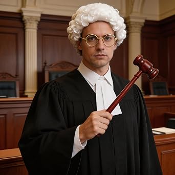 4 Pcs Judge Costume Accessories, with Wigs Glasses Wooden Hammer Gloves