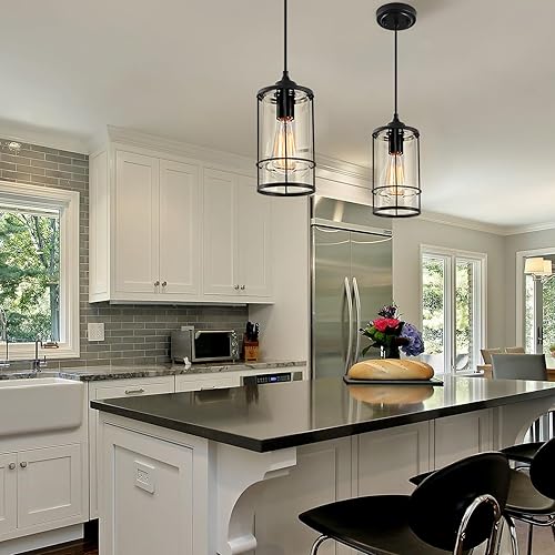 Miniatura 6 de Luces colgantes, lámparas colgantes negras para isla de cocina, paquete de 2 con vidrio transparente, iluminación colgante de jaula industrial