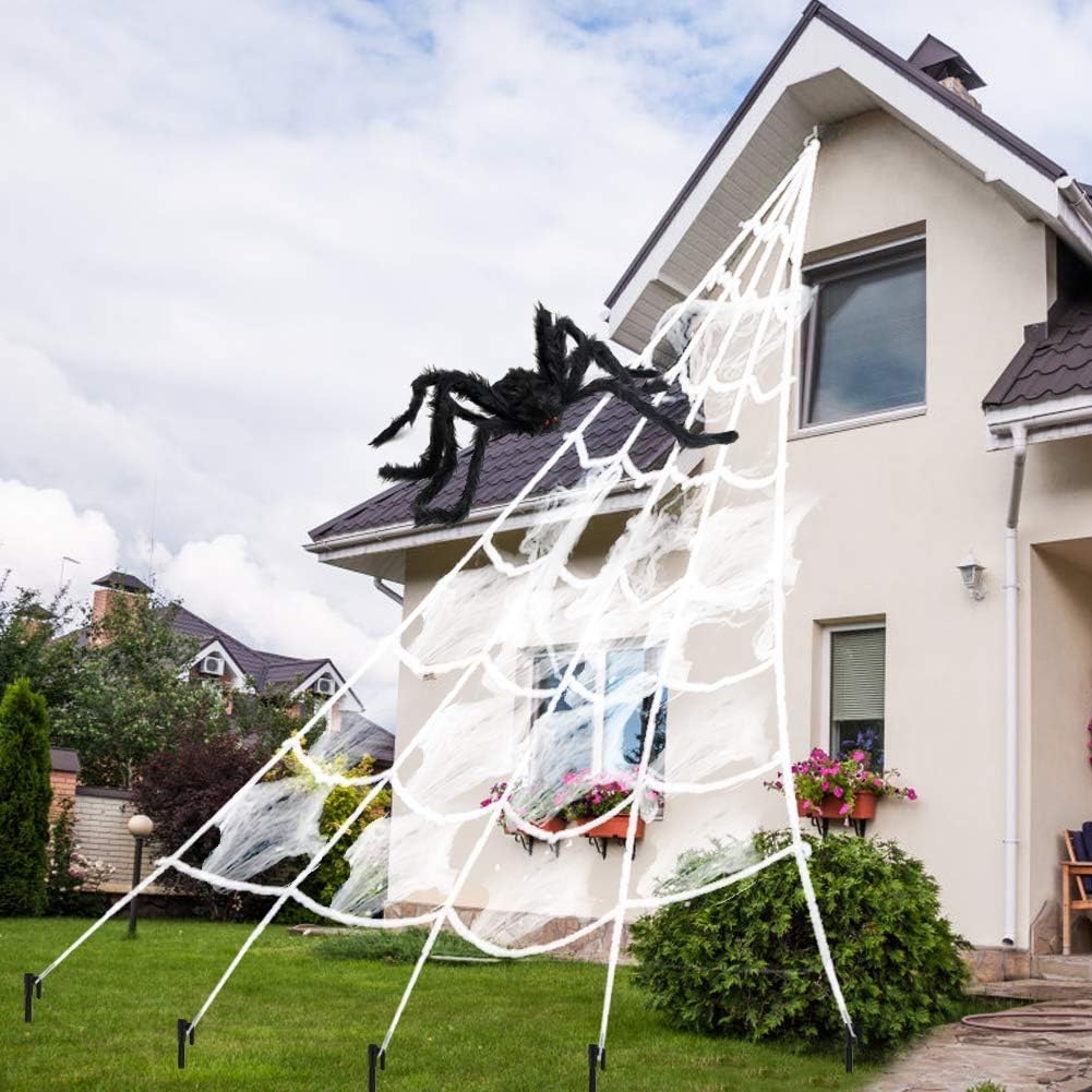Spider Web Halloween Decorations, 16 ×15 Feet Giant Triangular Spider Web Plus a Fake Big Spider, Suitable for Indoor and Outdoor Yard Haunted House Party Halloween Decor