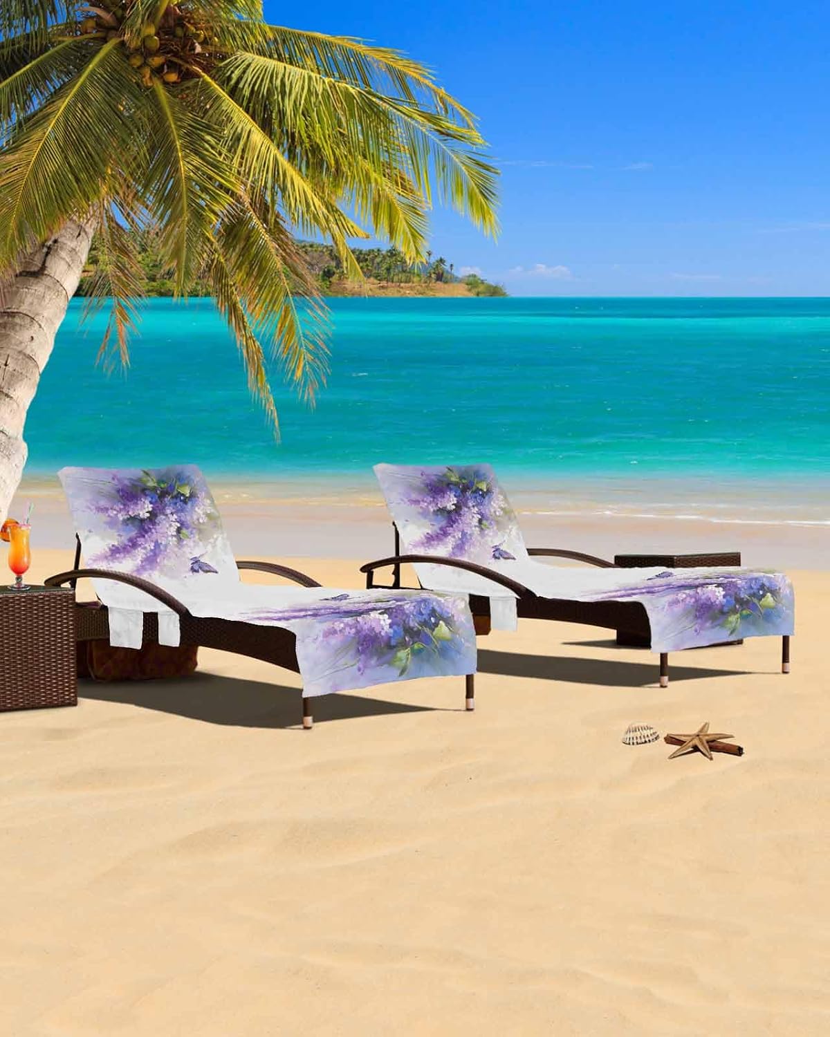 Lounge Chair Towel Cover,Beach Chair Covers with Pockets Purple Lavender Floral Butterfly Chaise Lounge Pool Chair Cover for Outdoor Patio Garden Sunbathing,Abstract Oil Painting Flowers Leaf