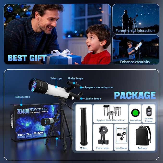 Telescopio refractor 70mm 400mm con trípode para adultos y niños miniatura 7