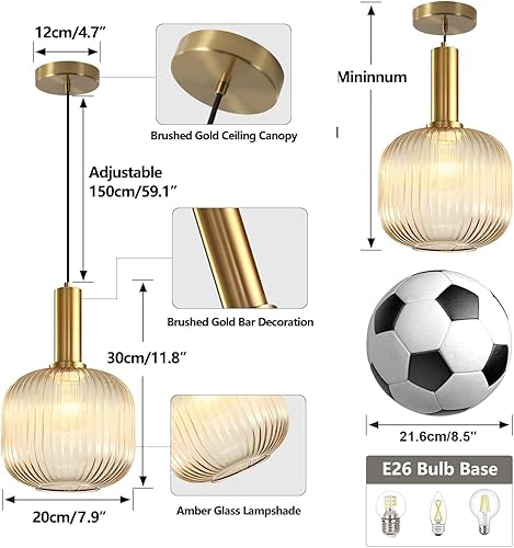 Miniatura 2 de KCO Lighting - Lámpara colgante de globo de vidrio ámbar, moderna de mediados de siglo, para isla de cocina, iluminación colgante dorada, lámpara