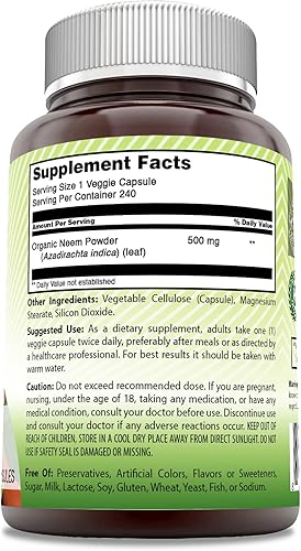 Vista 7 de Amazing India Neem (hecho con hoja de neem natural), suplemento de 120 cápsulas vegetales de 500 mg, sin OMG, sin gluten, fabricado en Estados Unidos