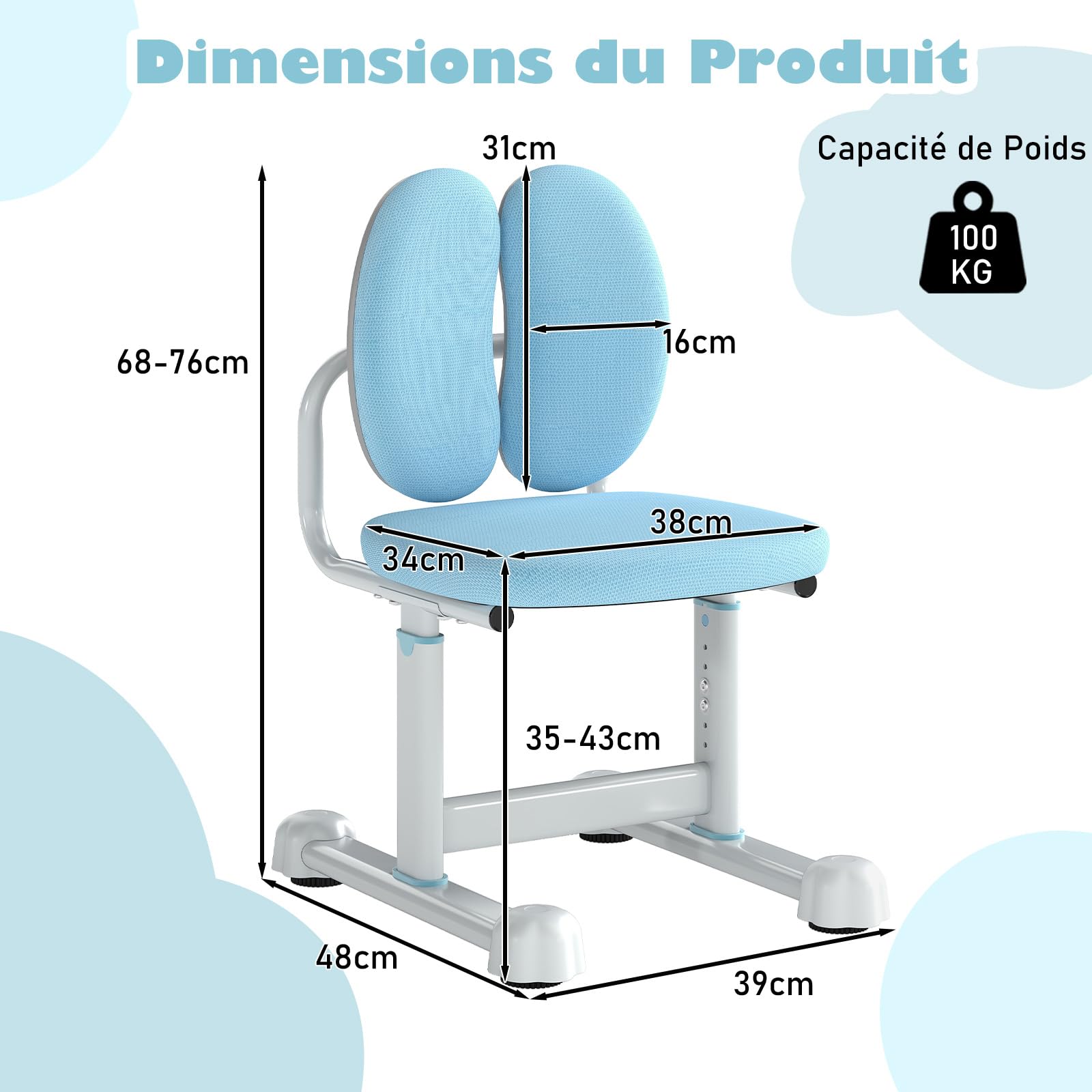 COSTWAY Chaise de Bureau Enfant avec Hauteur Réglable & Dossier Ergonomique, Fauteuil de Bureau avec Maille Respirante & Patins Ajustables, Charge 100kg pour Filles Garçons de 6-12 Ans (Bleu)