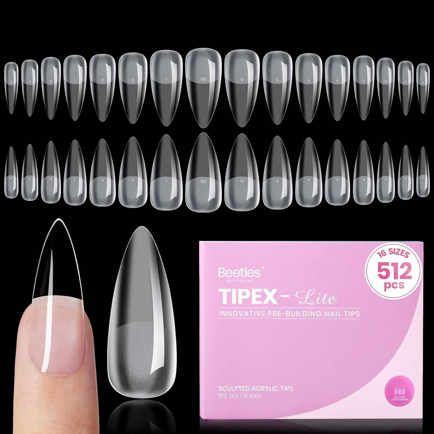 Beetles Tipex Lite Apex Nail Tips,Stiletto Medium,512pcs 16 Sizes,Pre-Building Pre-Etched Acrylic Nail Tips for Flat Nails & Natural Nail Beds