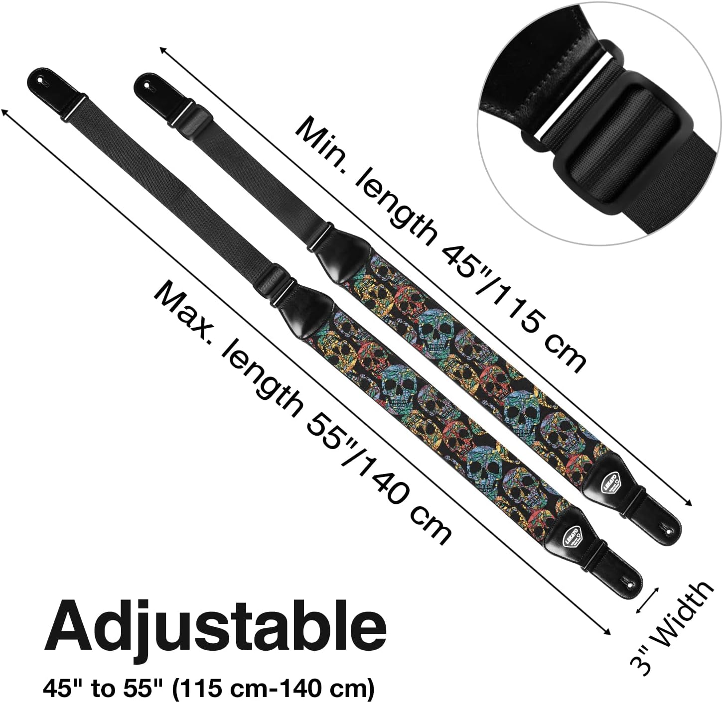 LEKATO Guitar Bass Strap for Electric Guitar Bass, 3" Wide Padded Guitar Strap Neoprene Pad with 3D Sponge Filling Adjustable Length from 45" to 55" with Strap Locks, Picks, Cool Skull