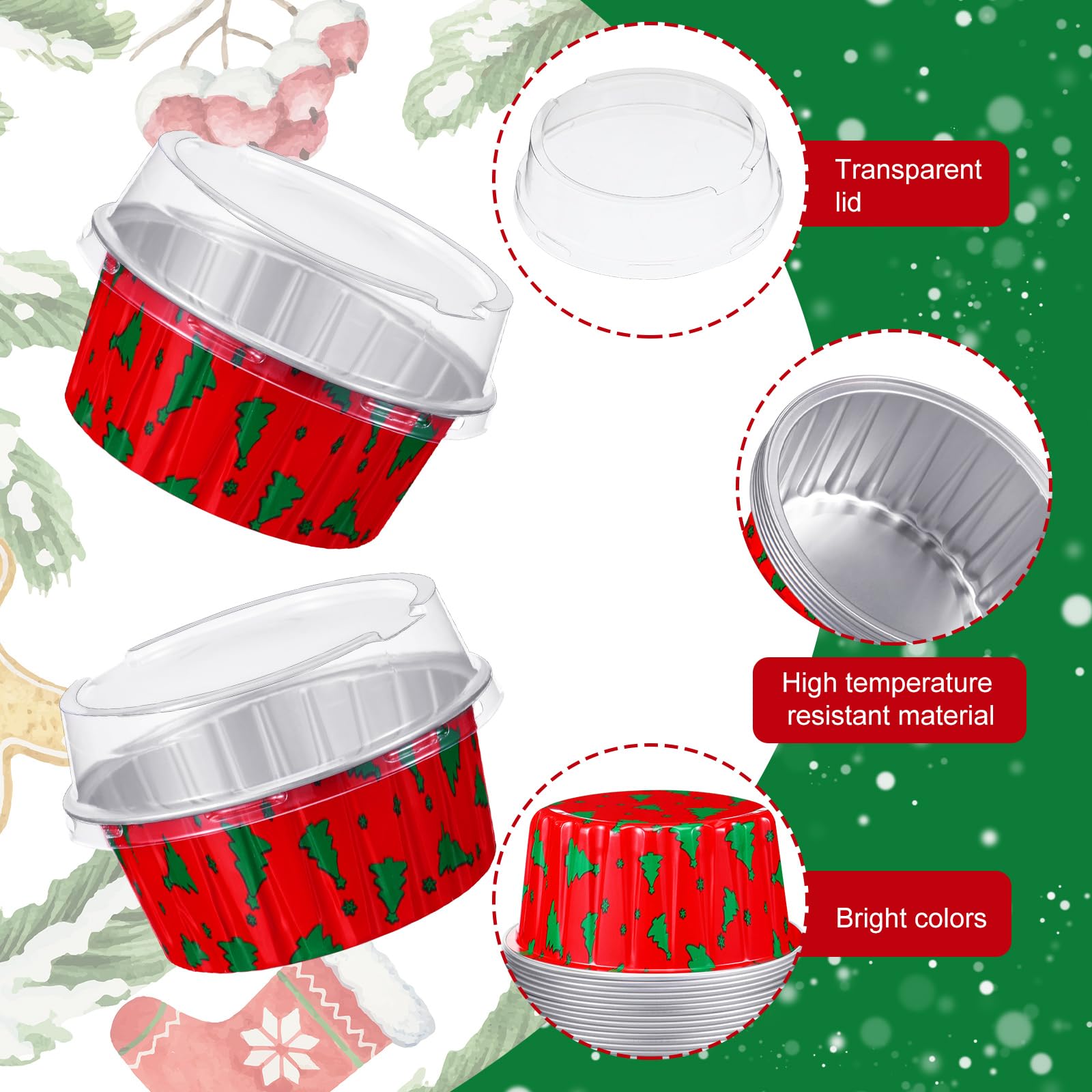 100 Pcs Christmas Aluminum Foil Baking Cups With Lids - 4.3oz Snowflake Design, Disposable Ramekins - View #5