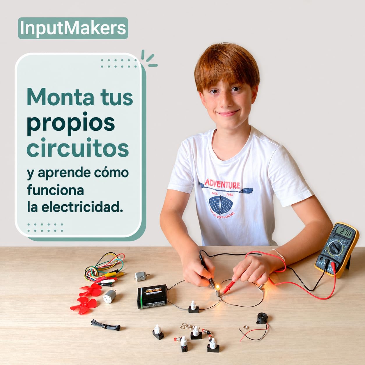 Kit Electrico Escolar Avanzado con Multimetro Digital, kit circuito electrico escolar, circuito electrico para niños kit con pila petaca, Colegio e Instituto y Manualidades