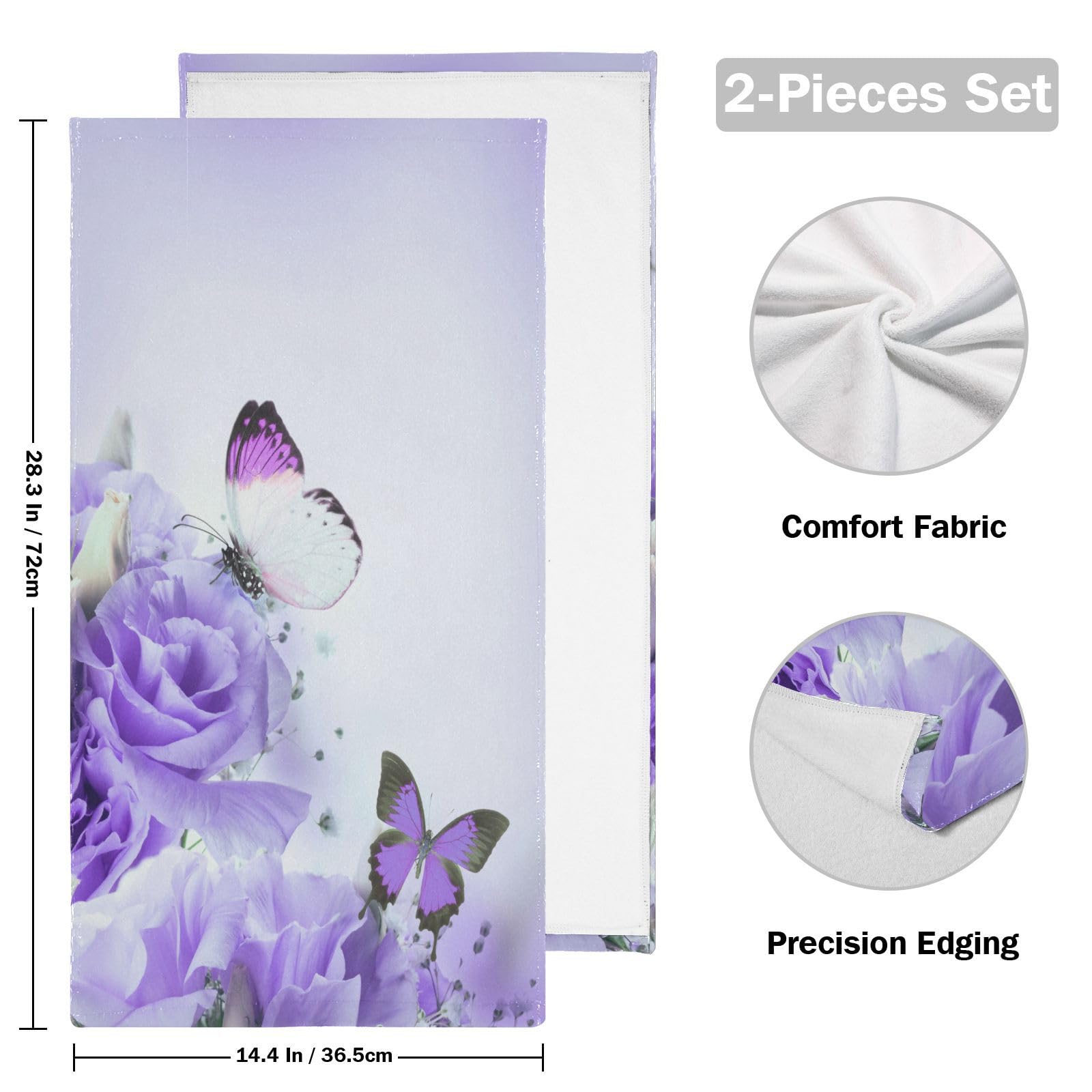 Purple Butterfly Hand Bath Towel Set of 2 Spring Summer Flowers Floral Bathroom Towel 16x30 in Soft Absorbent Guest Towels Hanging Kitchen Dish Towel Holiday Decor