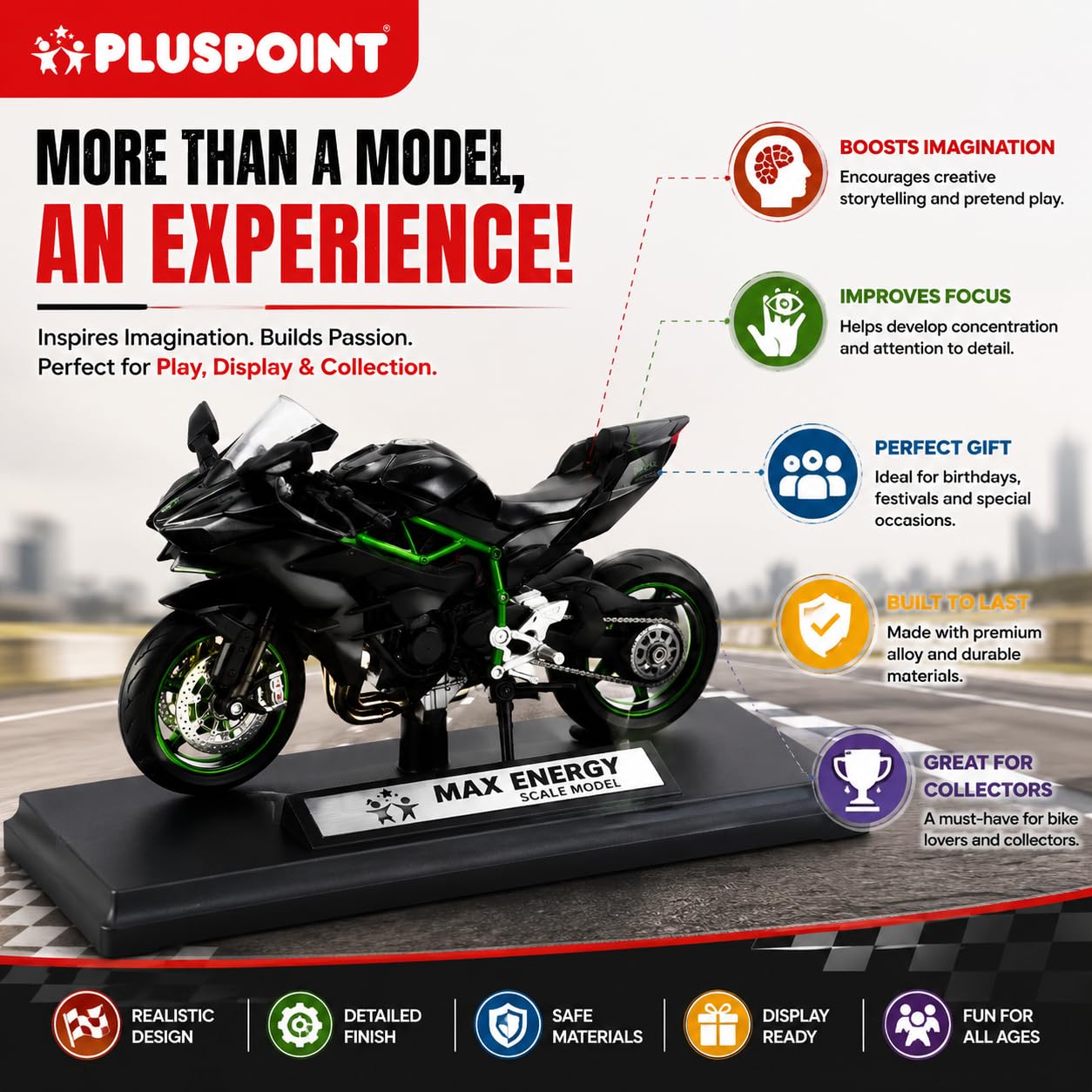 PLUSPOINT Diecast H2R Ninja Bike Motorcycle Toy Bike Scale Model Vehicles Alloy Simulation Superbike Also for Car Dashboard Kids Adult Alloy Highly Simulation Model Vehicle Motorbike Street Machine — Amazon image 3