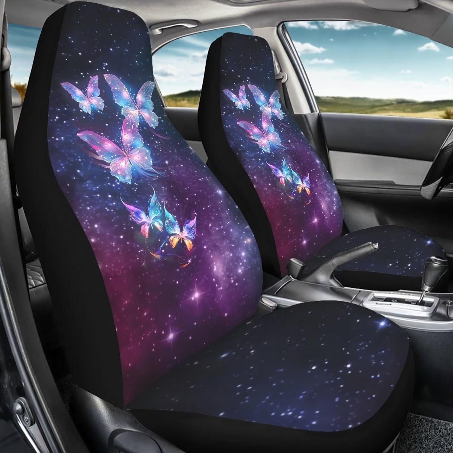 AFPANQZ Galaxy Butterfly Car Seat Covers Set Car Interior Decor Front Seat Covers Only 2 Pack Set Universal Bucket Seat Protector Cover for Car SUV Truck Women Car Accessories Decor