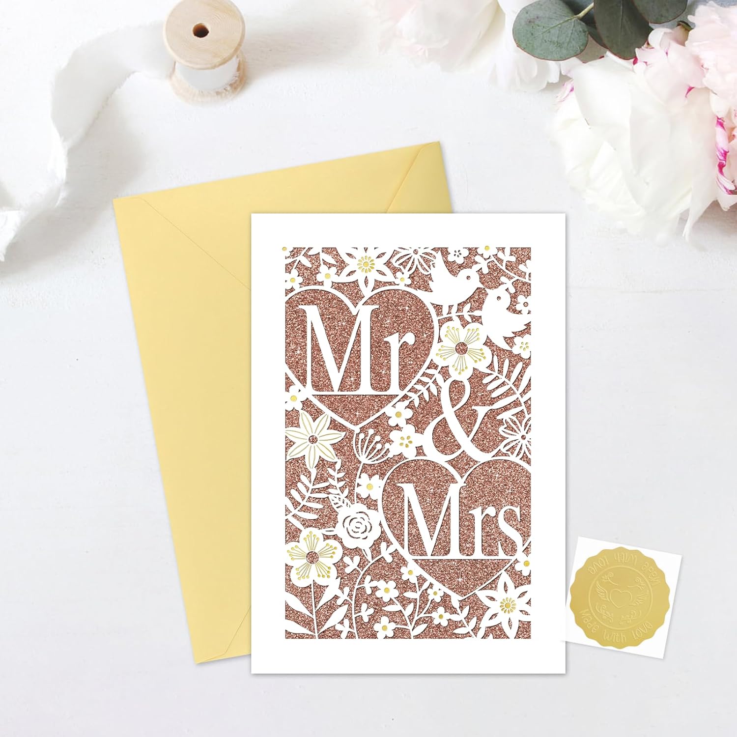 D24TIME Wedding Card for Bride and Groom - Elegant Die-Cut Floral and Birds Design with Glitter Champagne Gold - Personalized Wedding Congratuations Card with Envelope and Sticker 5.5x8in - Image 7