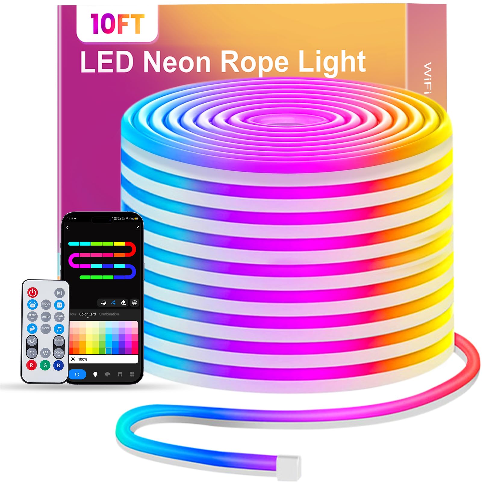 LED Neon Rope Strip Light, 10FT RGB+IC Waterproof Flexible Led Strip Lights, APP Remote Control, Music Sync, 44 Scene Modes, For Bedroom, Gaming Room, Christmas, Party, Holiday Wall Decoration